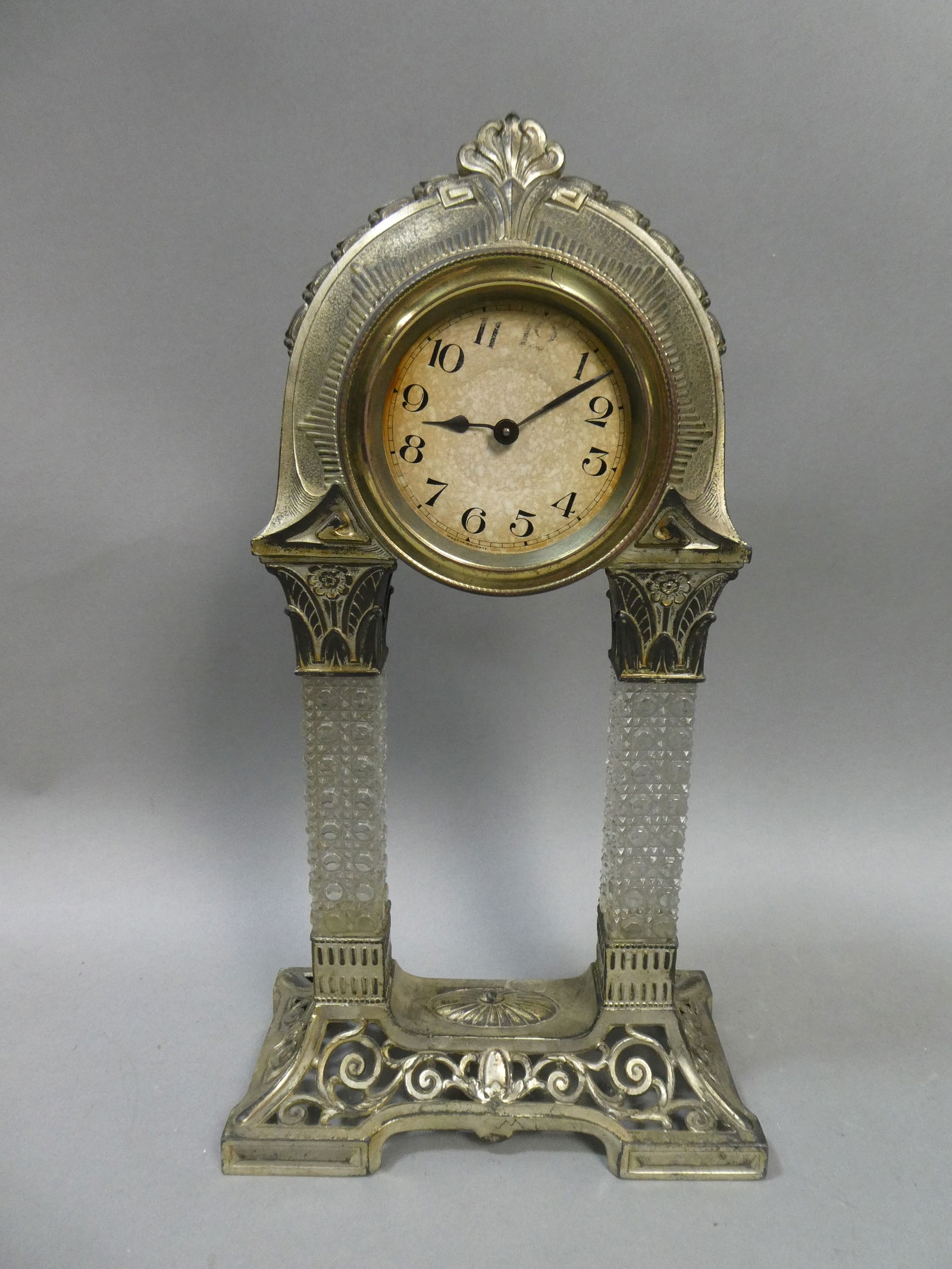 Antique White Metal Ornate Mantel Clock w/ Glass Columns (1 of 7)
