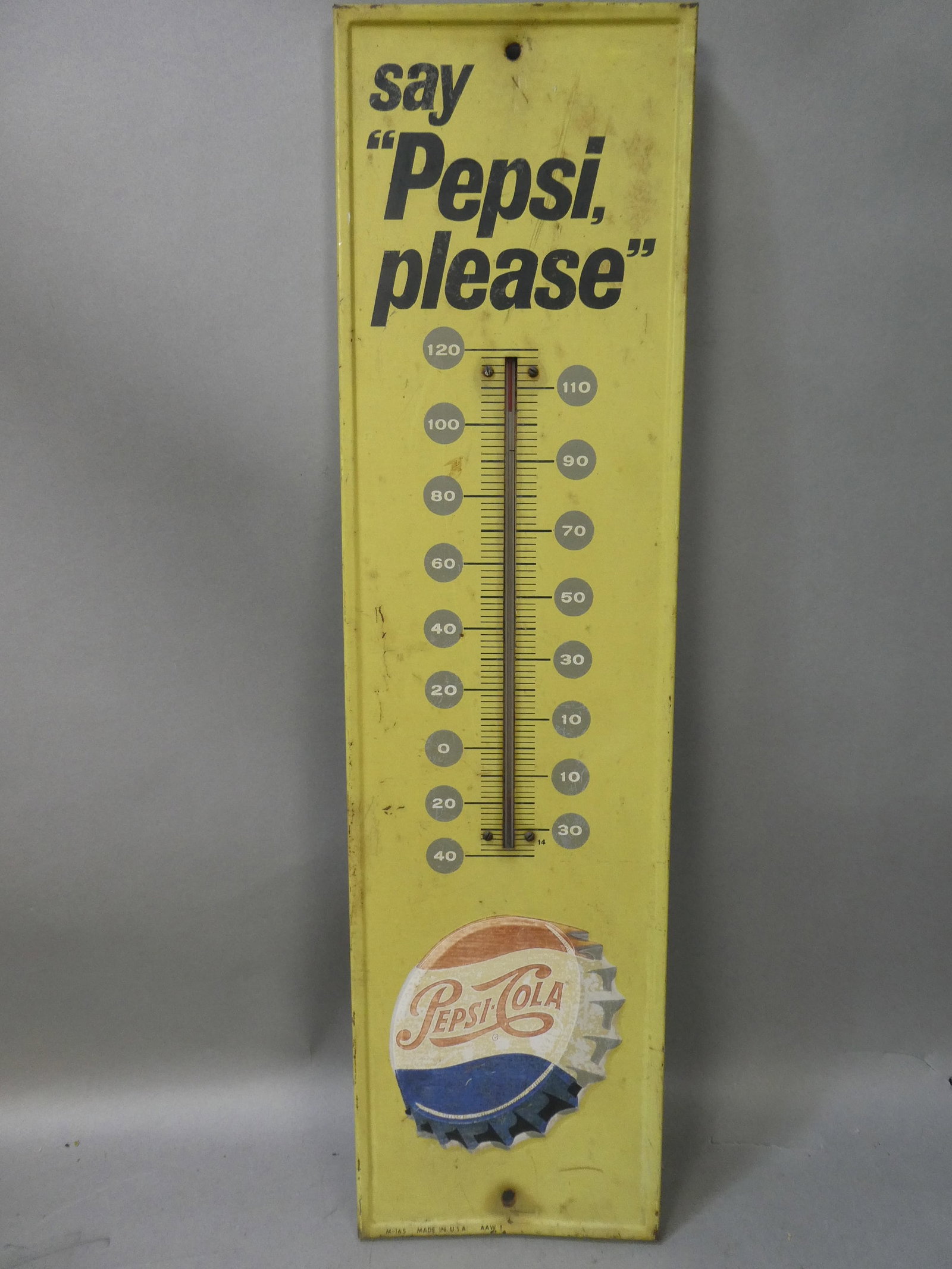 Vintage Advertising Say Pepsi Please Metal Tin Cola Gas Station Thermometer Sign: Vintage Advertising Say Pepsi Please Metal Tin Cola Gas Station Thermometer Sign. Measurements in inches: 27 x 7 1/4 Condition:Has some wear, fading and surface rust. Thermometer not working Shipping:
