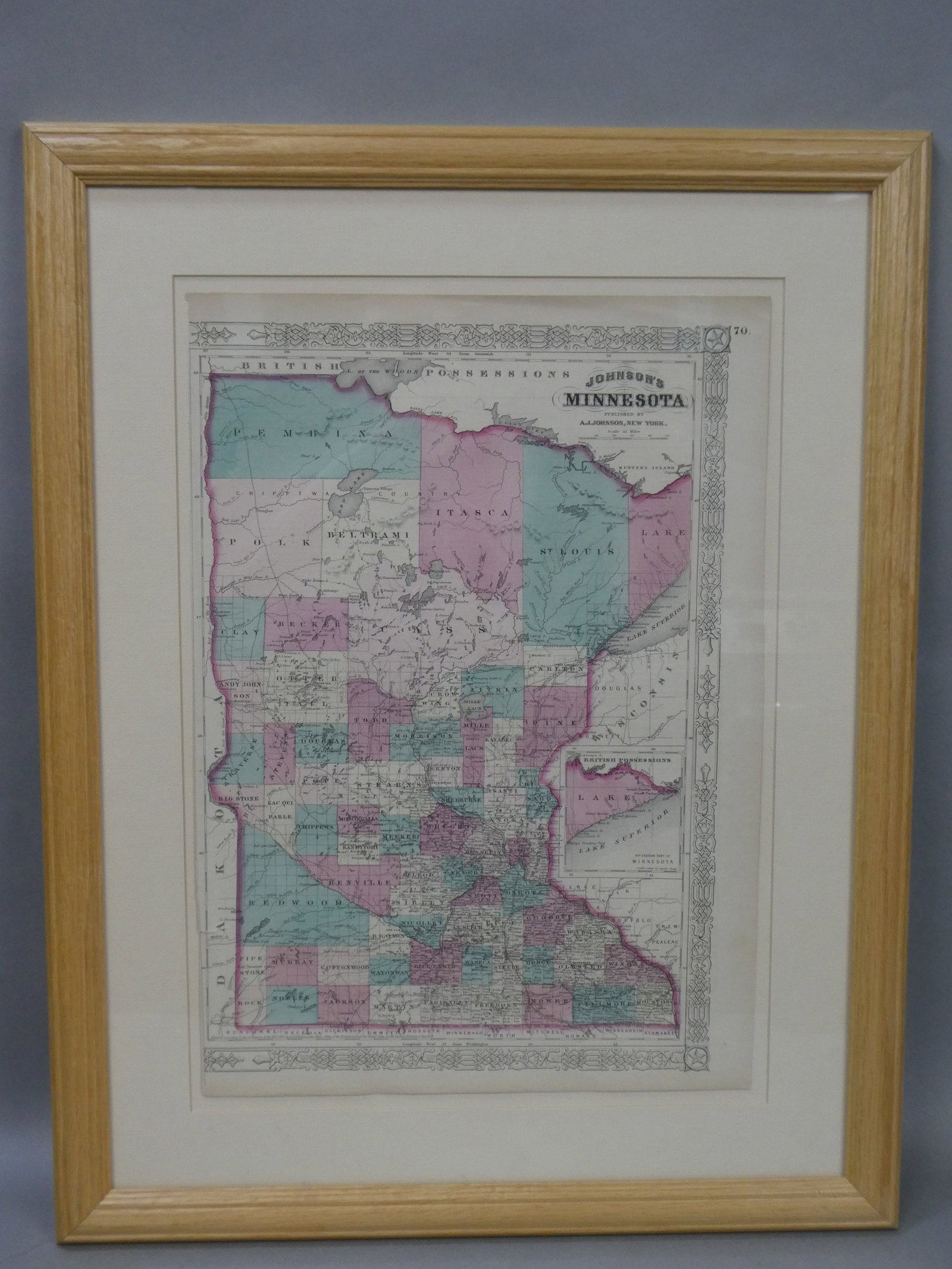 1865 Johnson Map of Minnesota Hand Colored Litho: 1865 Johnson Map of Minnesota Hand Colored Litho framed under glass with certificate of authenticity on reverse. Measurements in inches: 25 x 19 3/4, image: 18 x 12 3/4 Condition:Has toning Shipping:W