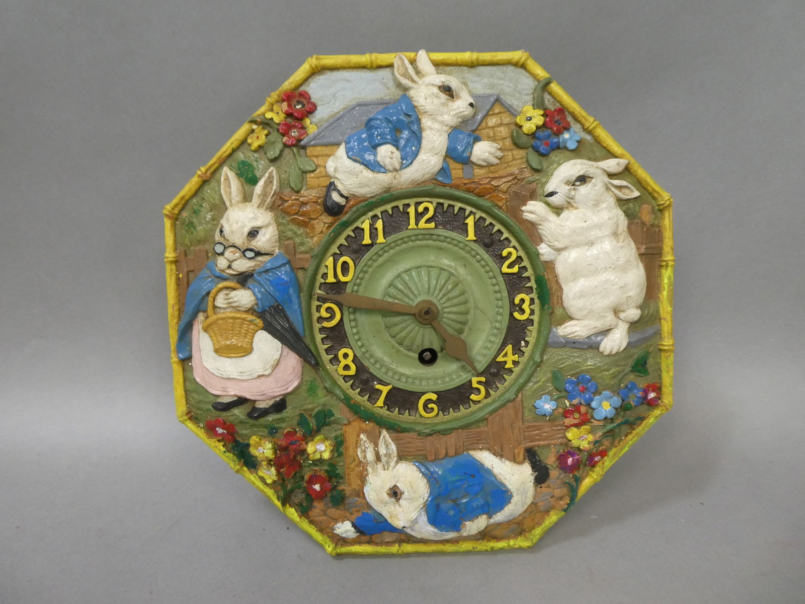 Antique Lux Peter Rabbit Juvenile Child Nursery Rhyme Wall Clock: Antique Lux Peter Rabbit Juvenile Child Nursery Rhyme Wall Clock. Measurements in inches: 9 1/2 across Condition:Normal wear with age and use, has not been tested. Has homemade movement cover Shipping