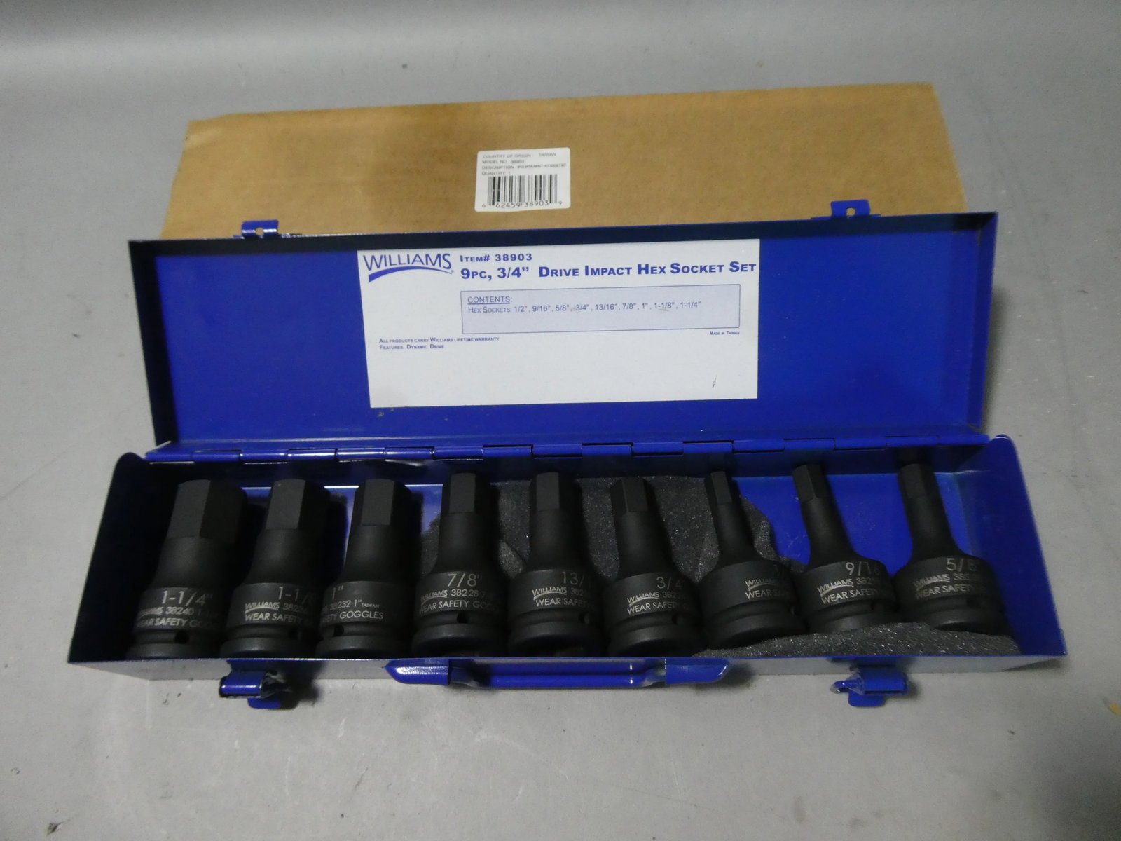Williams 38903 9 Piece 3/4" Drive Impact Hex Socket Set in Case: Williams 38903 9 Piece 3/4" Drive Impact Hex Socket Set in Case This item is from a Gurnee, IL private estate. The estate included lots of cameras and accessories, motorcycles and parts, vehicles, kni