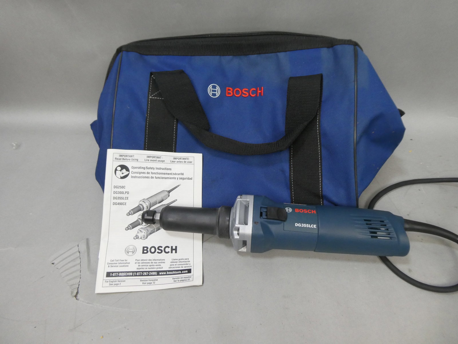 Bosch DG355LCE Die Grinder w/ Bag & Instructions: Bosch DG355LCE Die Grinder w/ Bag & Instructions This item is from a Gurnee, IL private estate. The estate included lots of cameras and accessories, motorcycles and parts, vehicles, knives, guns, tool