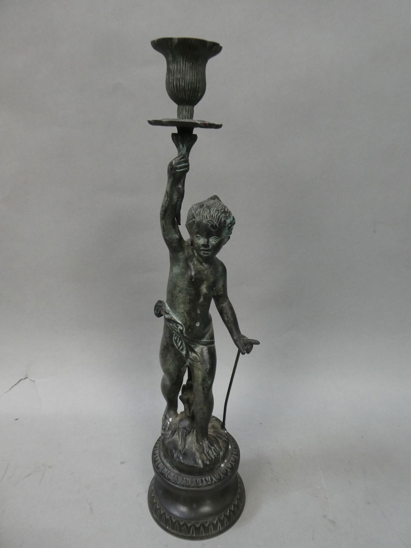 Antique Bronze Patina Metal Cupid Candlestick Holder (1 of 8)