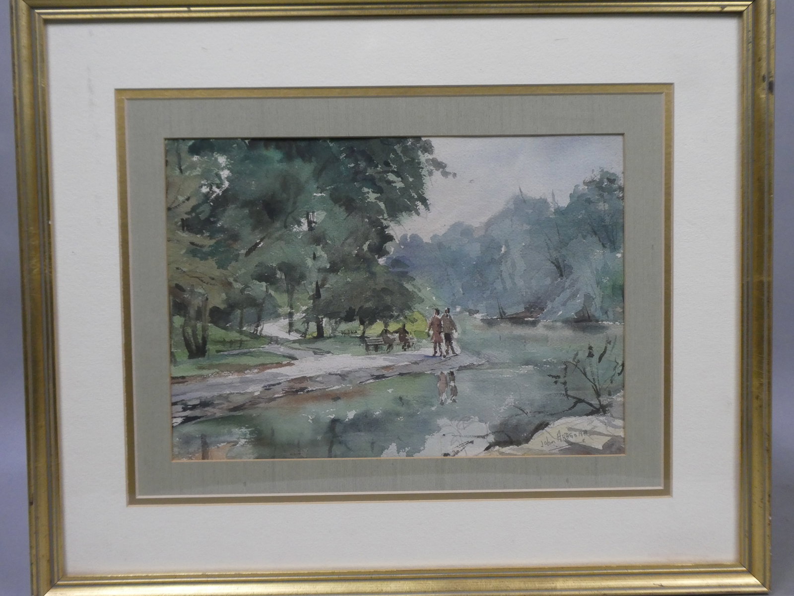John Argonn Signed Park Scene Watercolor Painting (1 of 12)