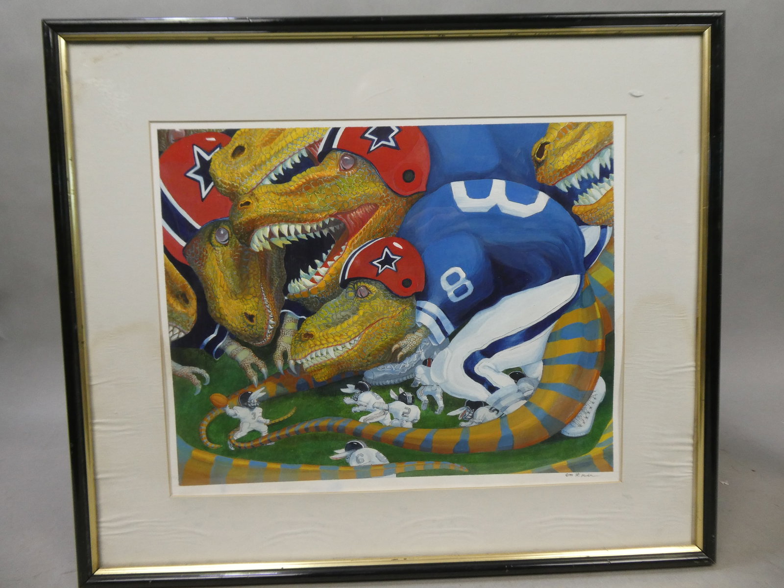 1990 Signed Dinosaur Football Players Acrylic Paining: 1990 Signed Dinosaur Football Players Acrylic Paining framed under glass. Illegible signature lower right. Measurements in inches: 21 1/2 x 18, image: 14 1/2 x 12 Condition:Matting has stains and wrin