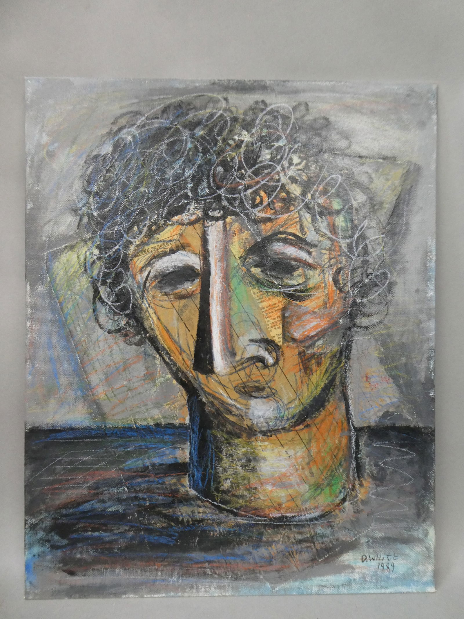 1989 David White Mixed Media Contemplative Head Acrylic Painting Outsider Artist (1 of 11)
