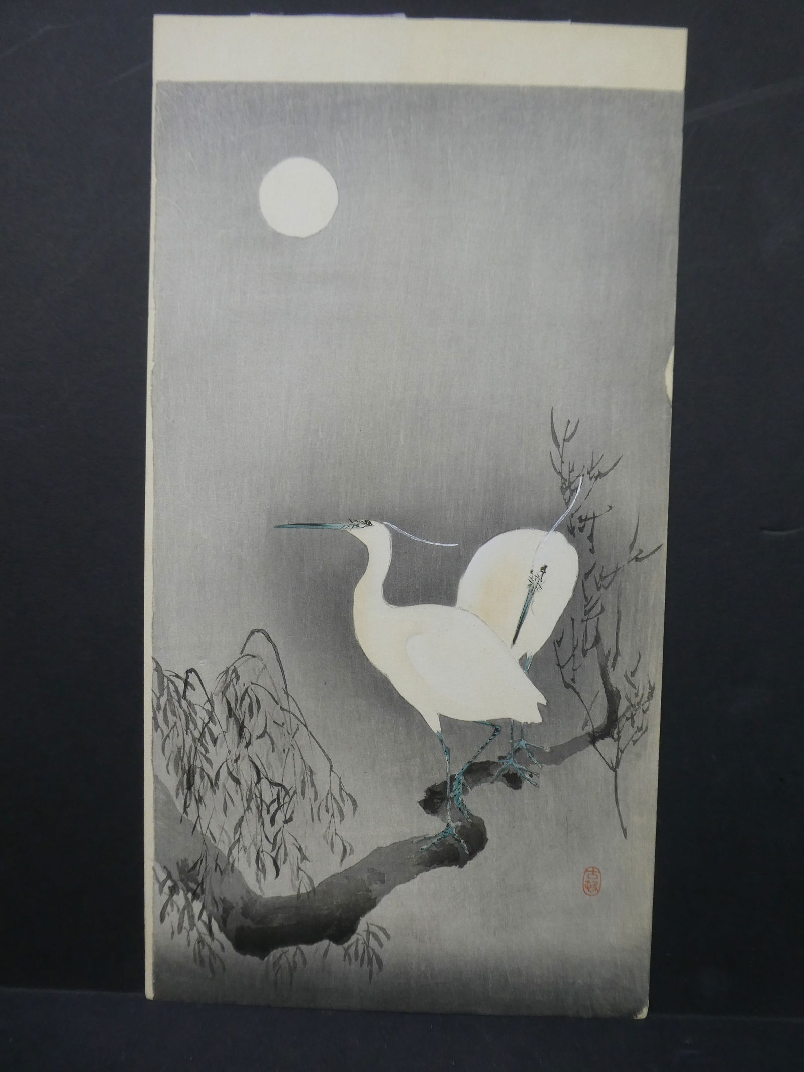 Ohara Koson Egrets & Moon Japanese Woodblock Print: Ohara Koson Egrets & Moon Japanese Woodblock Print. Not framed. Later printing with seal and no signature. Measurements in inches: 7 3/4 x 14 1/2 Condition:Has toning, trimming and tape residue on rev