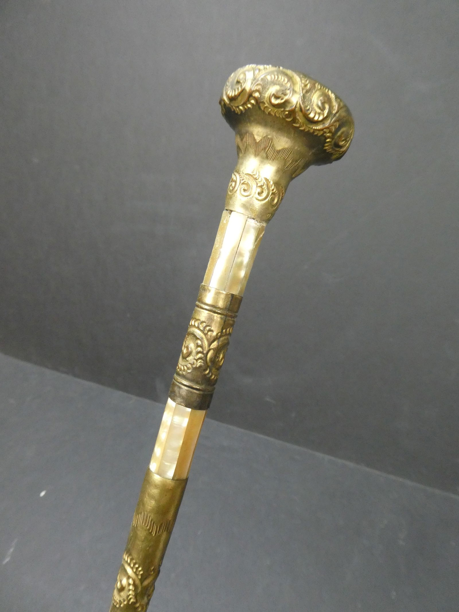 Antique Wooden Brass & Mother of Pearl Walking Stick Cane (1 of 9)