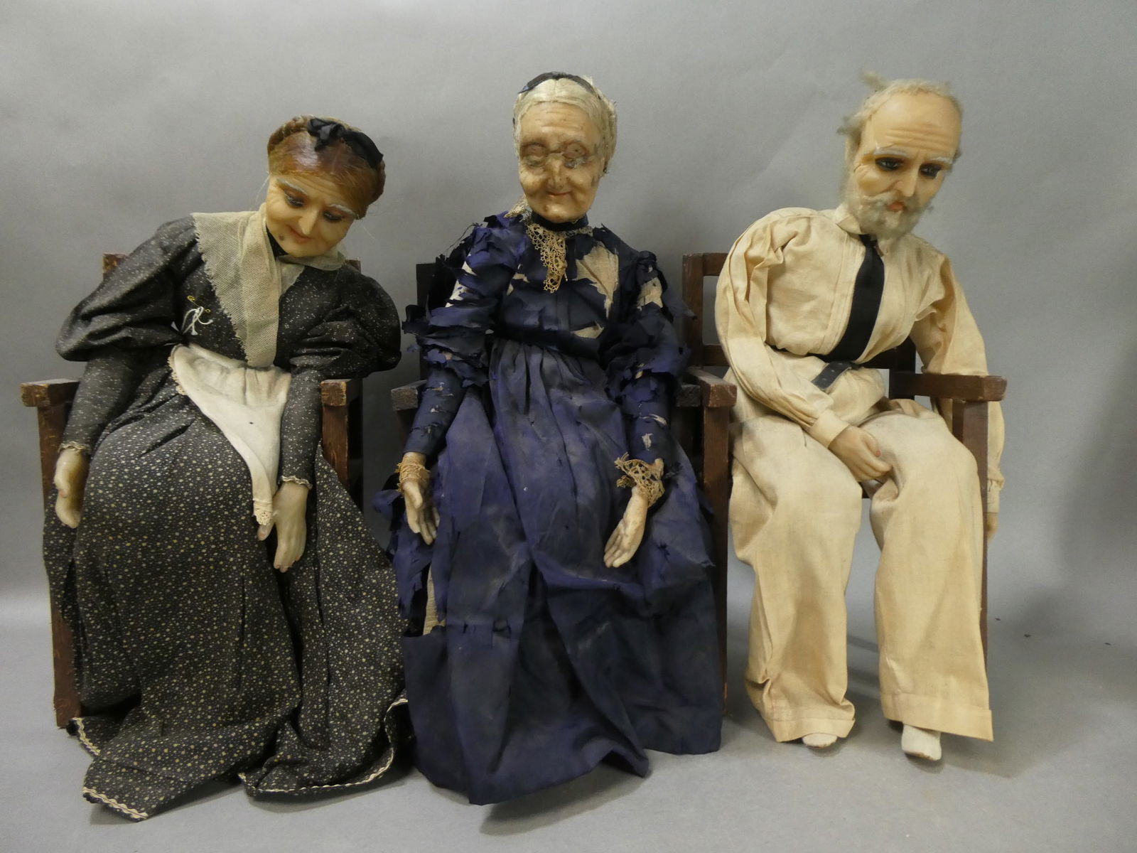 Set 3 Antique Wax Dolls Three Old People in Chairs Grandma & Grandpa (1 of 12)