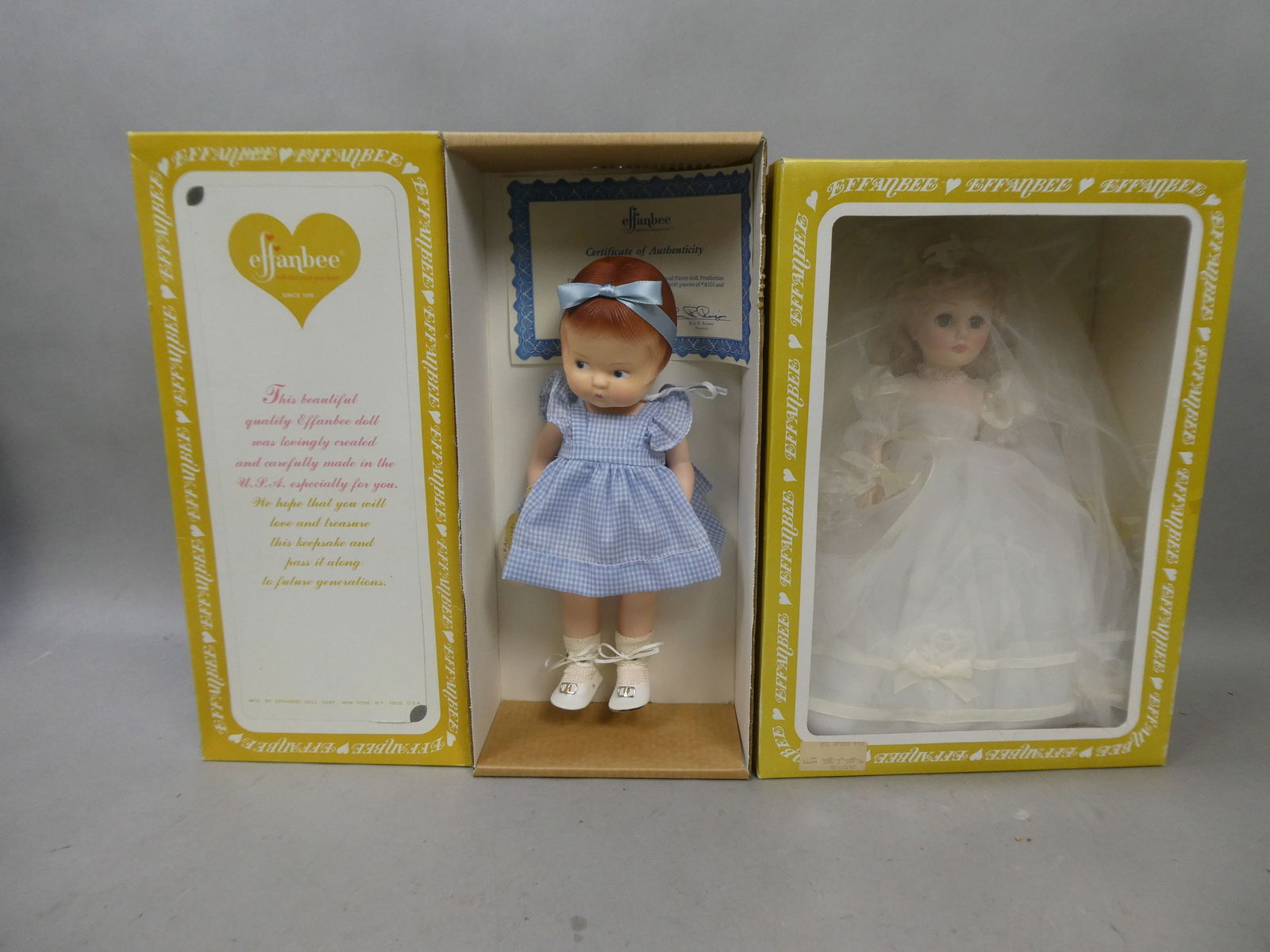Pair New in Box Vintage Effanbee Patsy 86 & 1526 Bride Blonde Dolls: Pair New in Box Vintage Effanbee Patsy 86 & 1526 Bride Blonde Dolls. Measurements in inches: 13 and 14 high Condition:New in boxes Shipping:We offer in-house shipping. Item(s) will be packed after inv