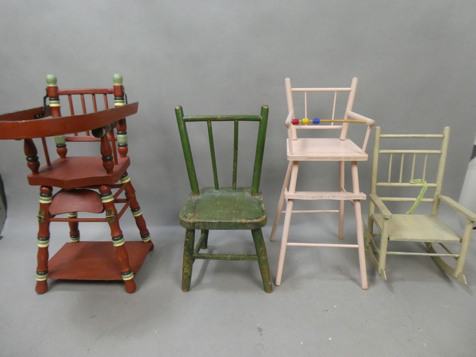 Lot 4 Vintage Child's Doll Painted Wooden Chair Highchair Rocker: Lot 4 Vintage Child's Doll Painted Wooden Chair Highchair Rocker. Condition:Normal wear with age and use Shipping:We offer in-house shipping. Item(s) will be packed after invoice is paid and shipping