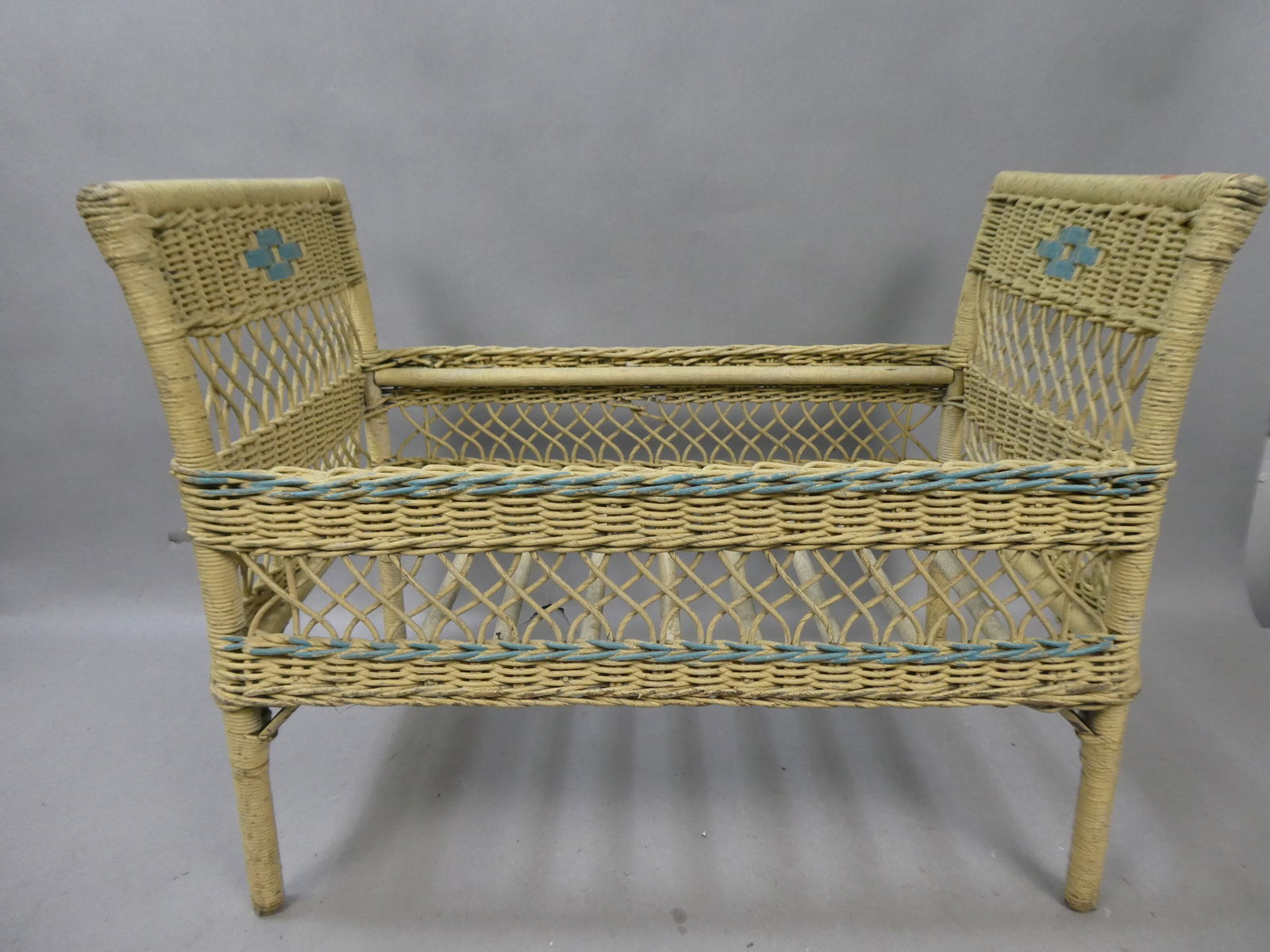 Antique White & Blue Wicker Childs Dolls Bed (1 of 6)