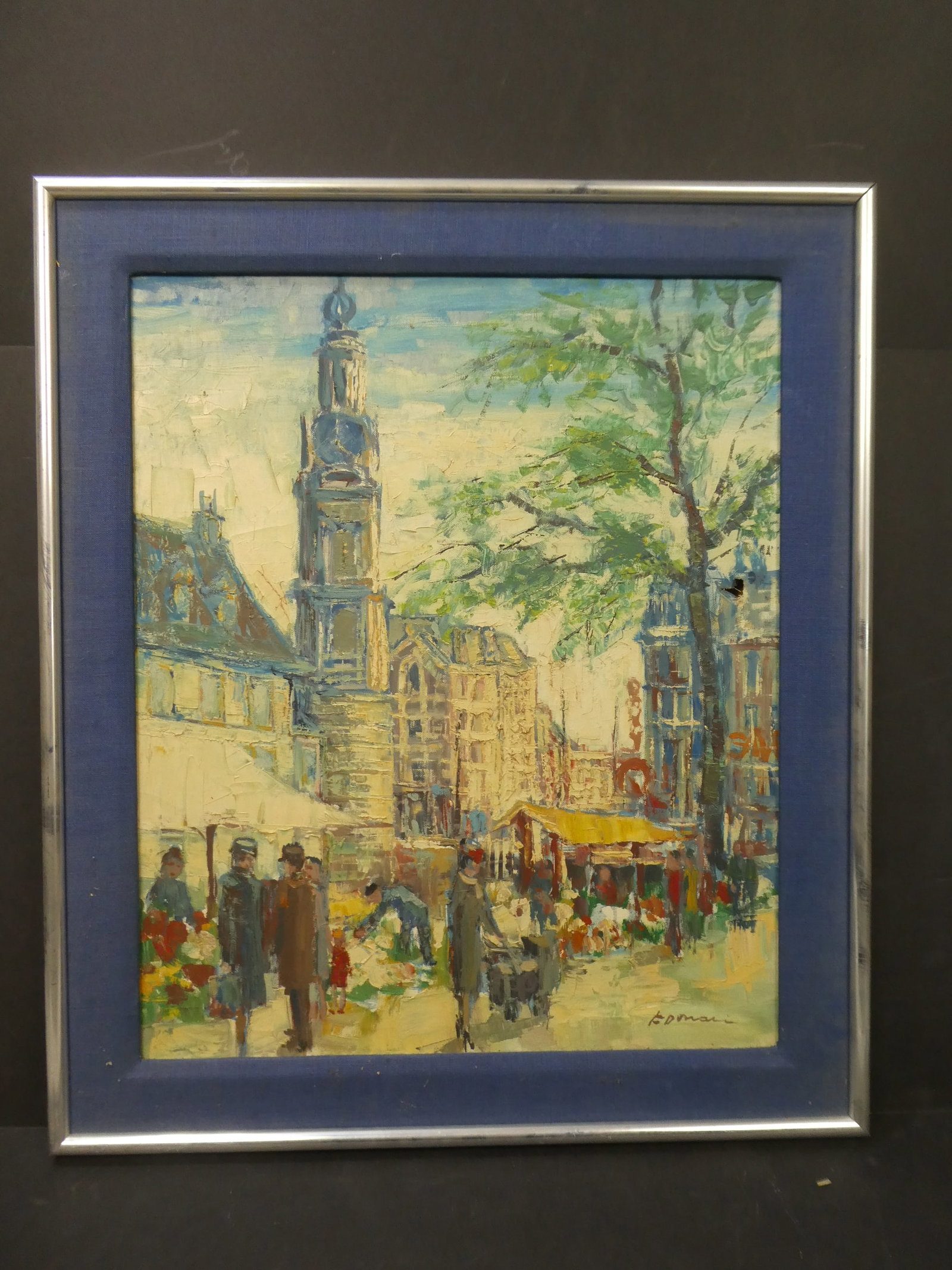 c1960's Signed Impressionist Italian Street Market Oil Painting: c1960's Signed Impressionist Italian Street Market Oil Painting on canvas in frame. Illegible signature signed lower right.. Measurements in inches: 28 x 24, image: 23 x 19 Condition:Needs cleaning an