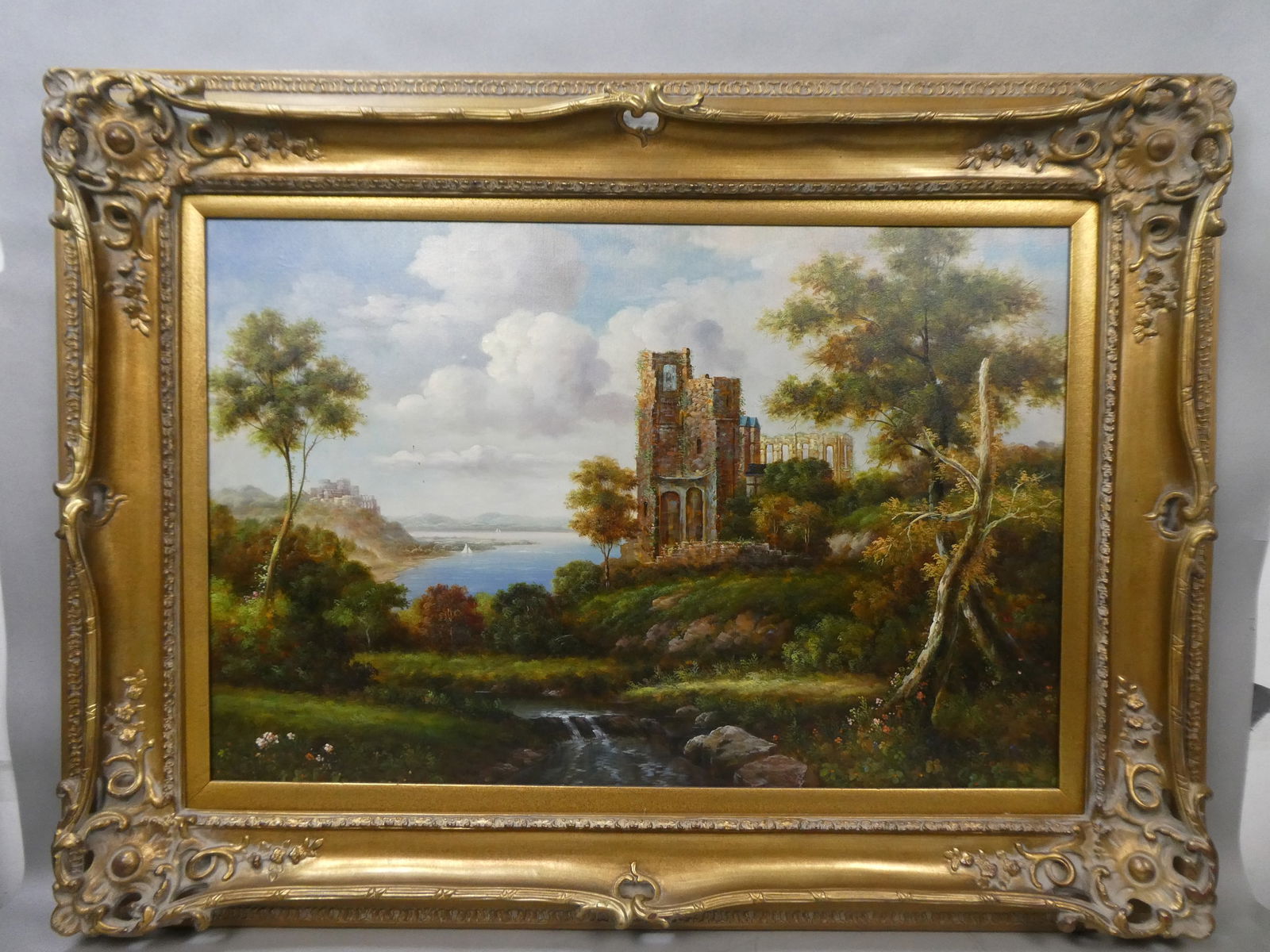 Signed J Ripley Large Castle Ruins by Lake Oil Painting (1 of 17)