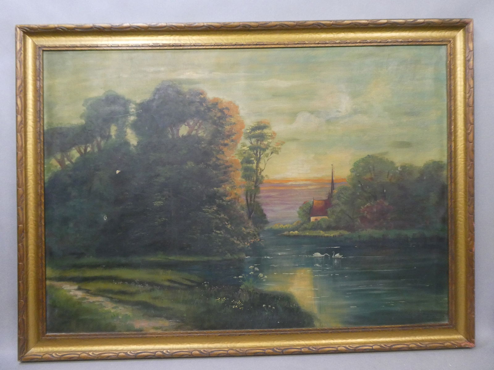1930 D Hoffman Church & Landscape Large Oil Painting (1 of 15)