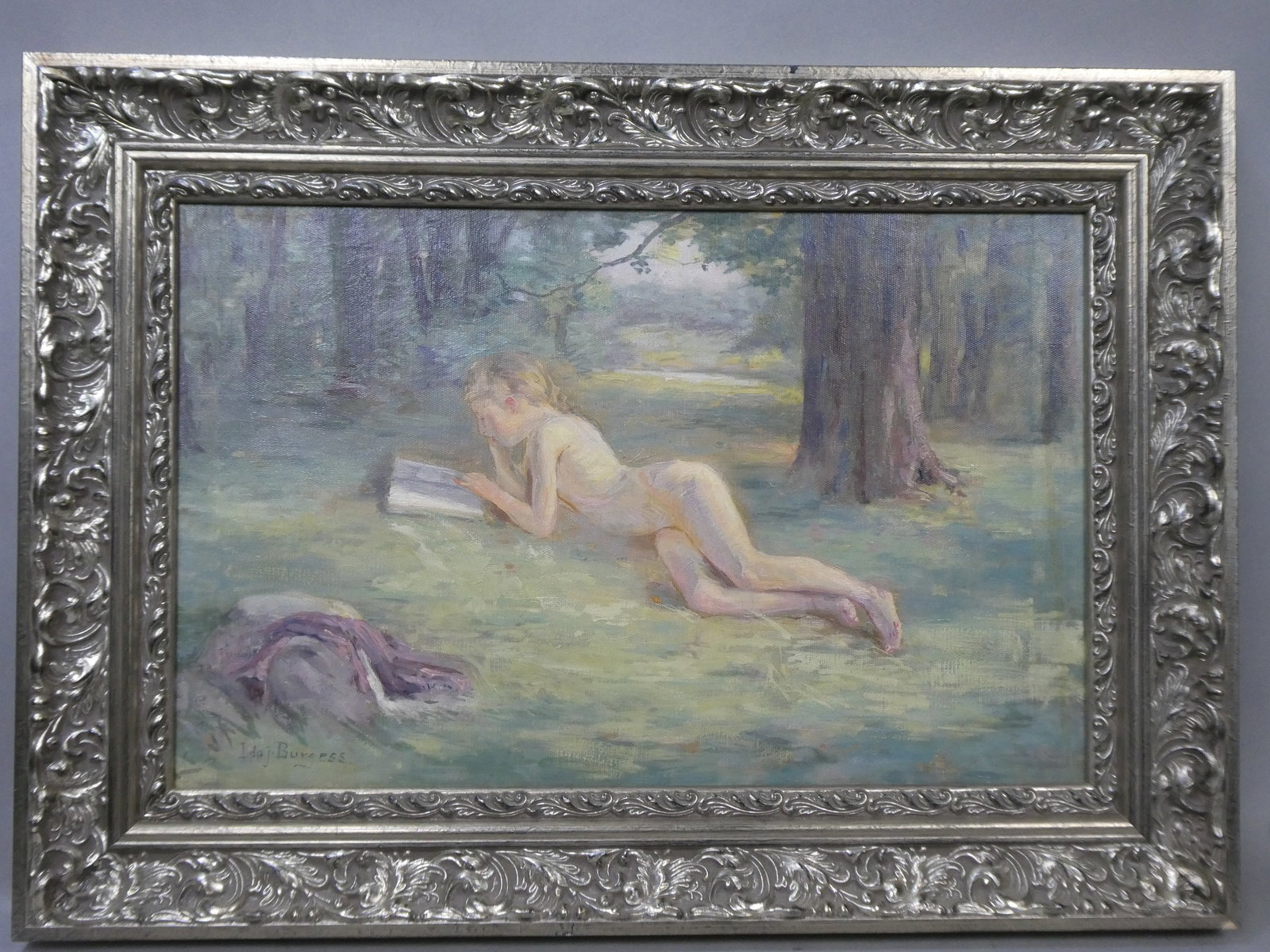 Ida Josephine Burgess Young Girl Reading Oil Painting Listed Artist: Ida Josephine Burgess Young Girl Reading Oil Painting on canvas in thick frame. Bio of artist and info on work is on reverse. Listed Illinois artist born 1855-1934. Measurements in inches: 22 1/2 x 31