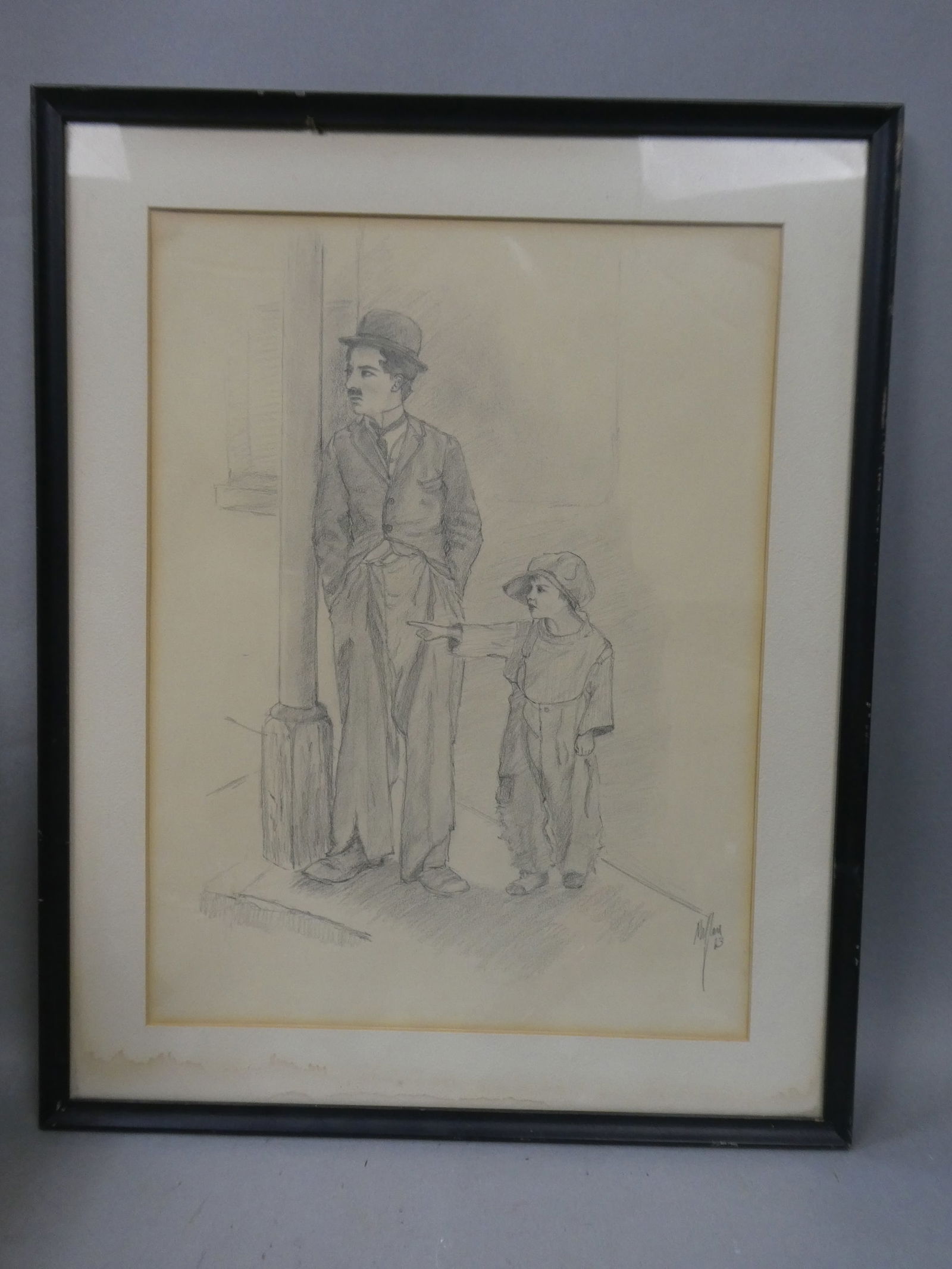Signed Pencil Drawing of Charlie Chaplin w/ Street Kid Drawing (1 of 12)