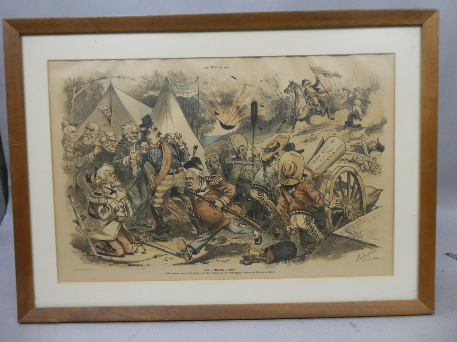 1891 Louis Dalrymple Doomed Colored J Ottoman Lithograph: 1891 Louis Dalrymple Doomed Colored J Ottoman Lithograph framed under glass. Measurements in inches: 24 x 17, image: 19 x 13 Condition:Has toning and small tear lower middle Shipping:We offer in-house