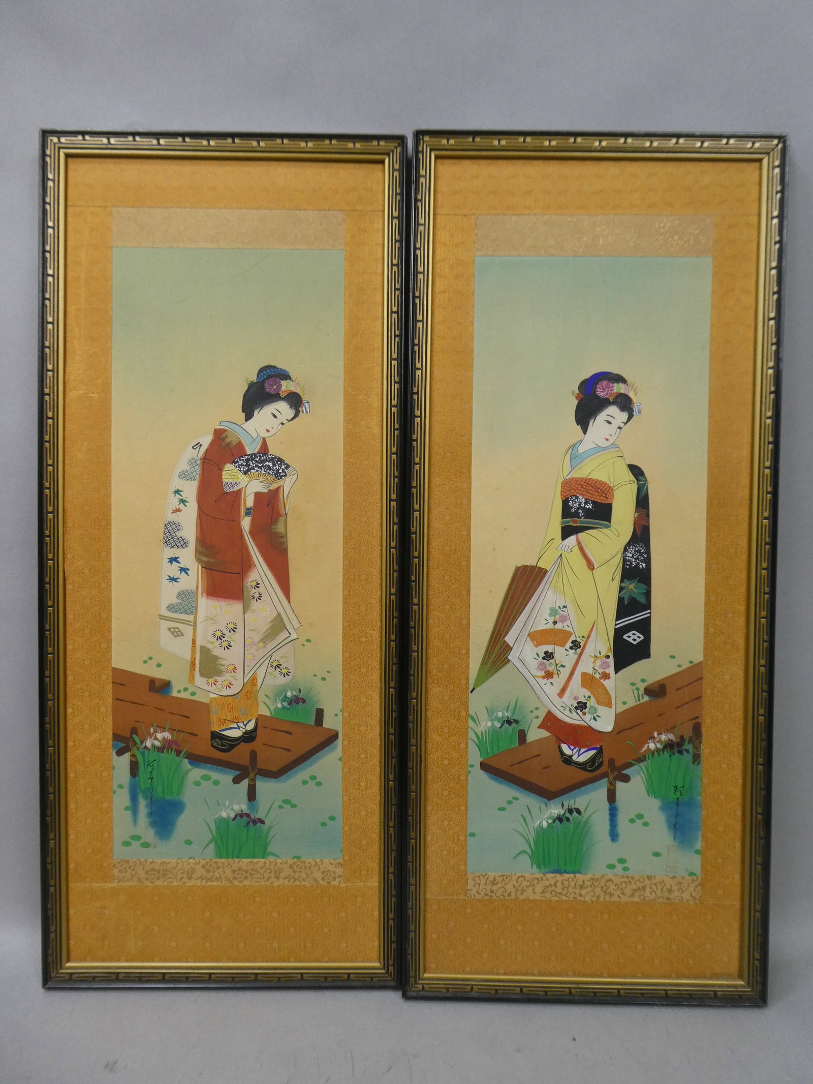 Pair Signed Japanese Painting on Sild Of Geisha Beauties: Pair Signed Japanese Painting on Sild Of Geisha Beauties in frames. No glass. Both signed lower right. Measurements in inches: 12 x 28 1/2, image: 20 1/2 x 8 Condition:Has some light toning, foxing an