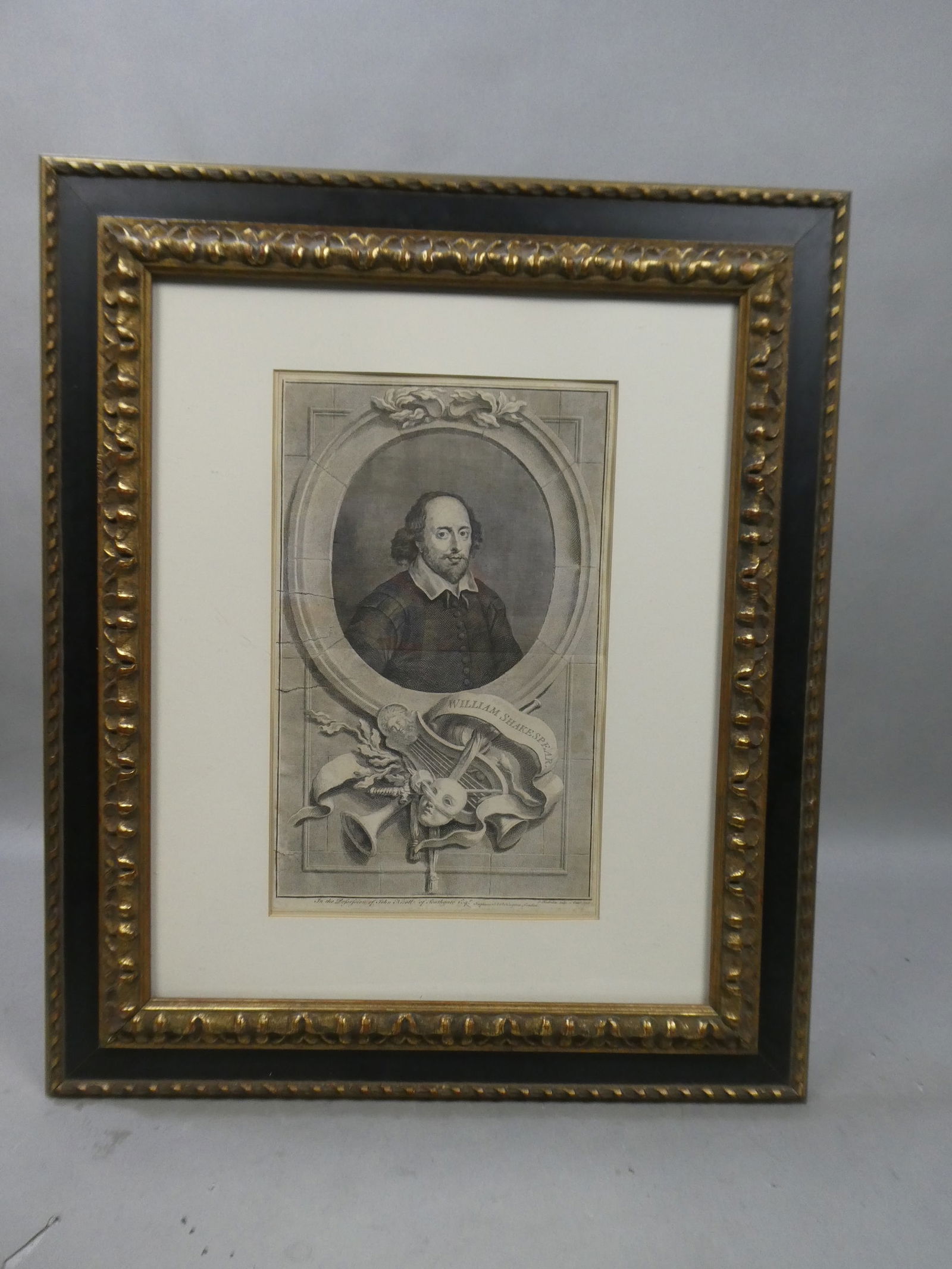 1747 John Taylor William Shakespeare Engraving by Jacob Houbraken: 1747 John Taylor William Shakespeare Engraving by Jacob Houbraken framed under glass.. Measurements in inches: 26 x 22, image: 14 3/4 x 9 Condition:Has yellowing with age Shipping:We offer in-house sh