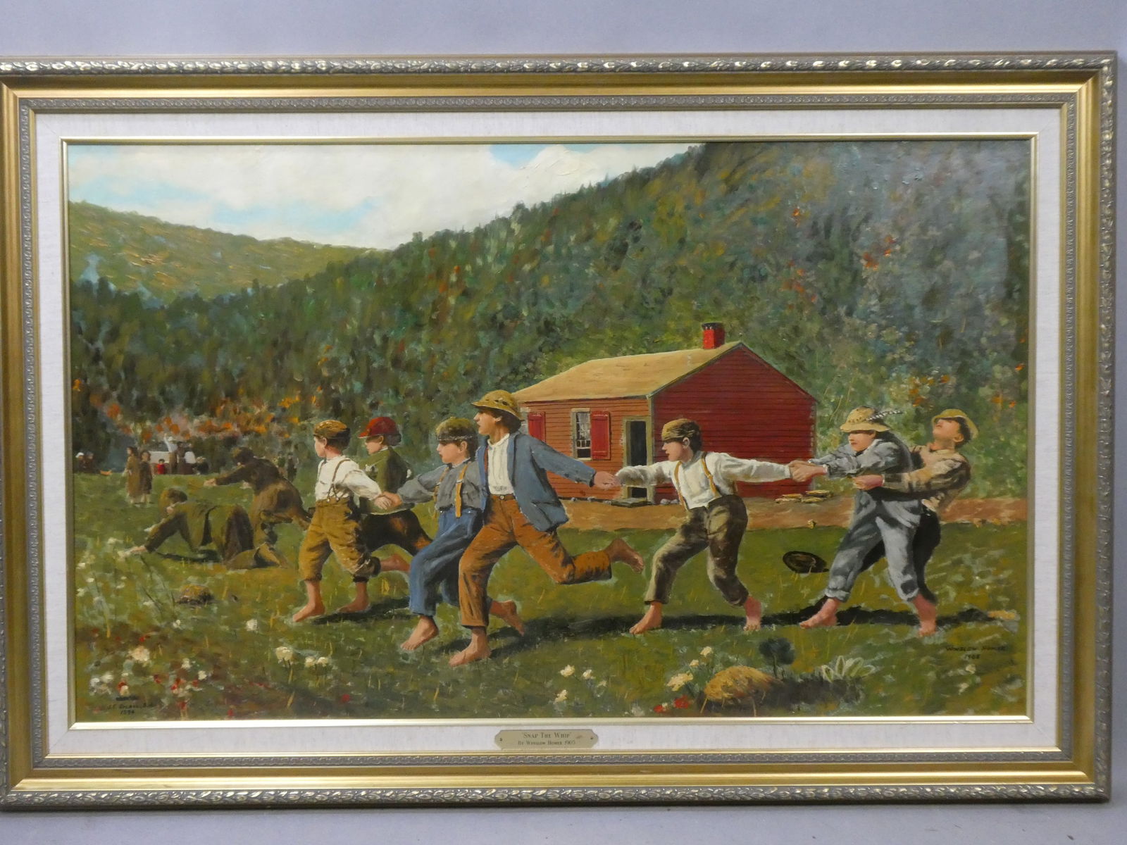 1994 JE Small Large Oil Painting Copy of Winslow Homer Snap the Whip: 1994 JE Small Large Oil Painting Copy of Winslow Homer Snap the Whip on board in frame. Signed and dated lower left. Measurements in inches: 30 1/2 x 46, image: 39 x 23 1/2 Condition:Good with no prob