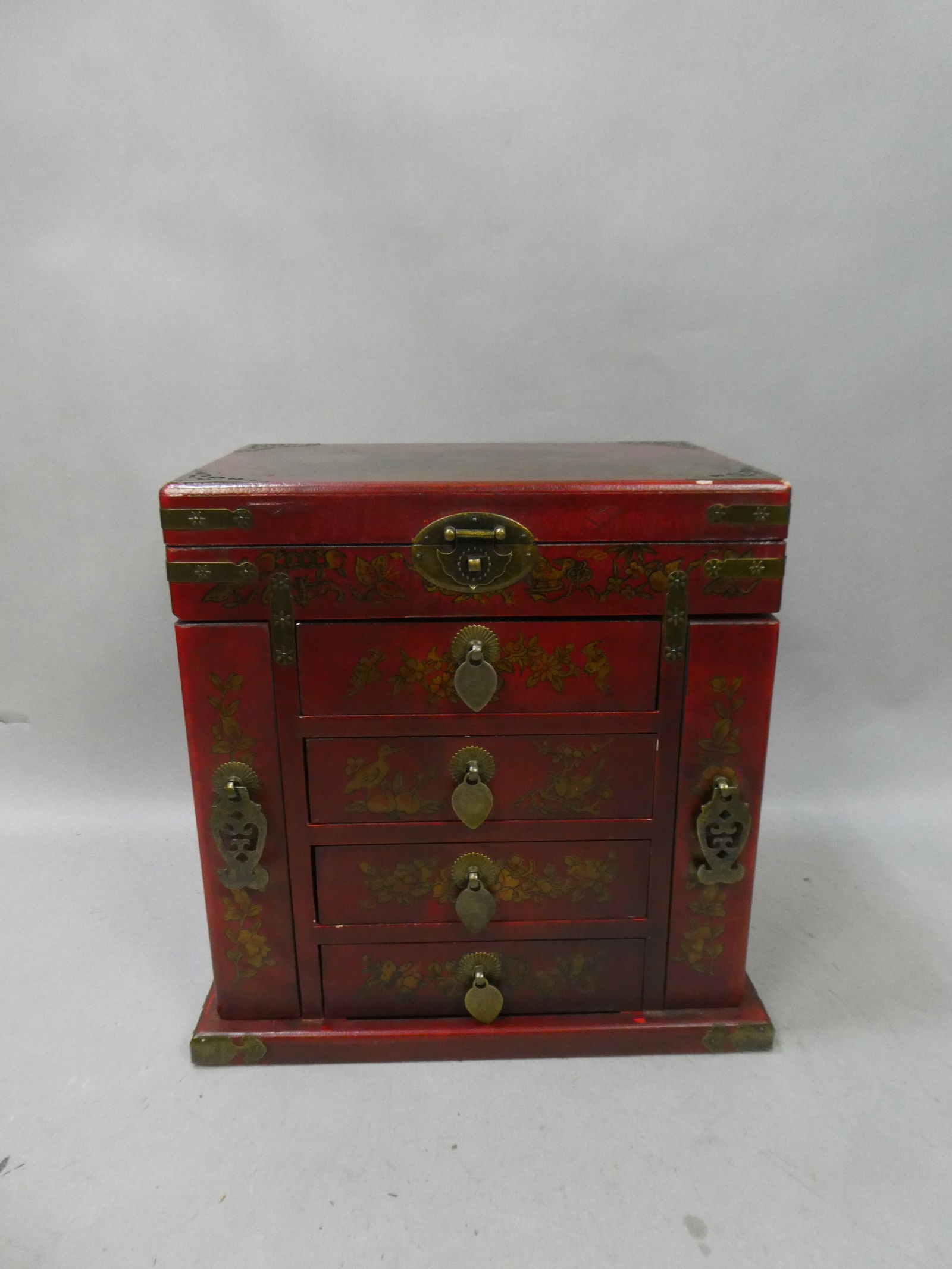 Vintage Chinese Red Painted Lacquer Phoenix Jewelry Box w/ Mirror (1 of 9)