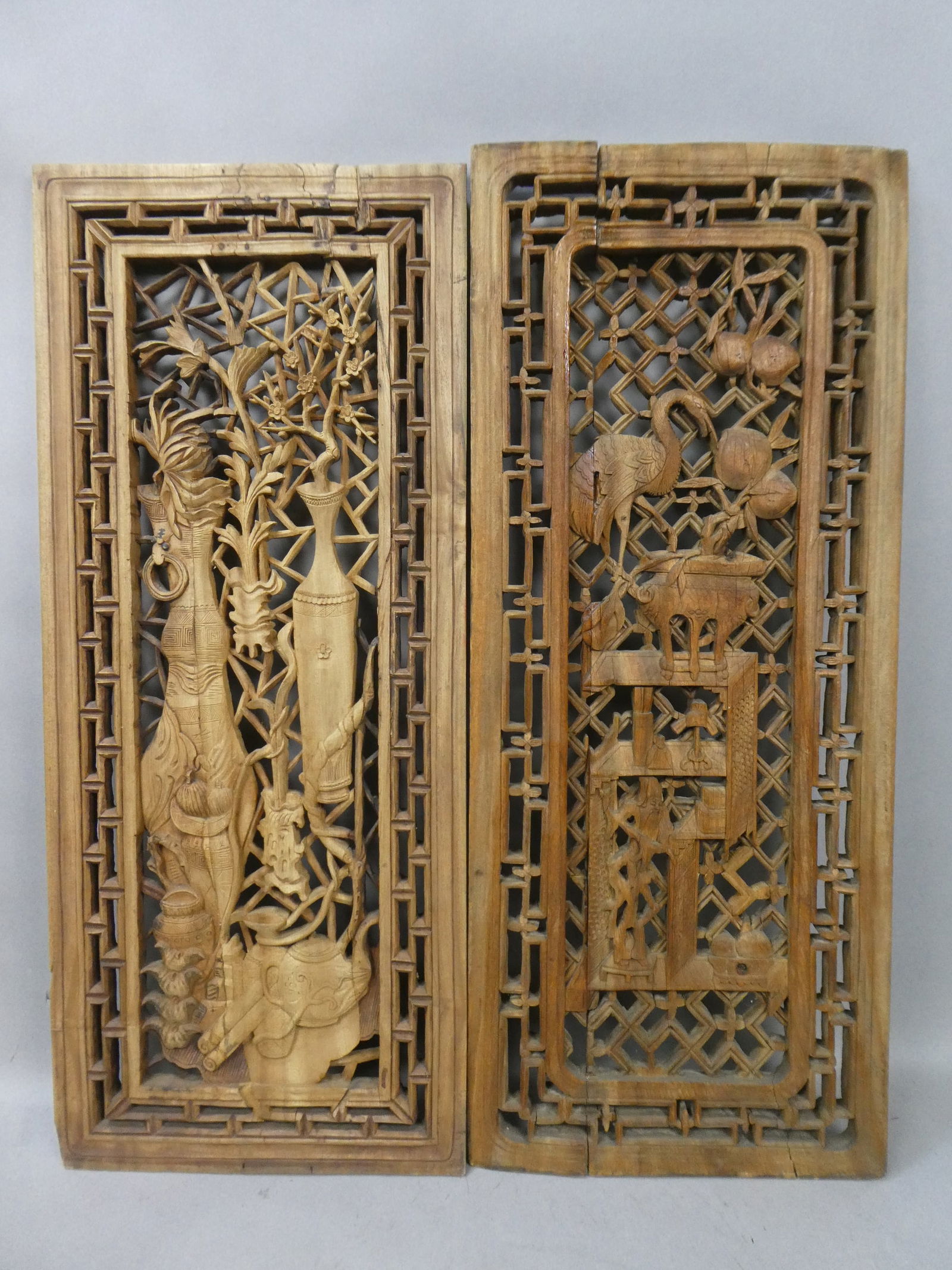 Pair 19th Century Chinese Carved Wood Panels Windows 100 Antiques Theme (1 of 9)