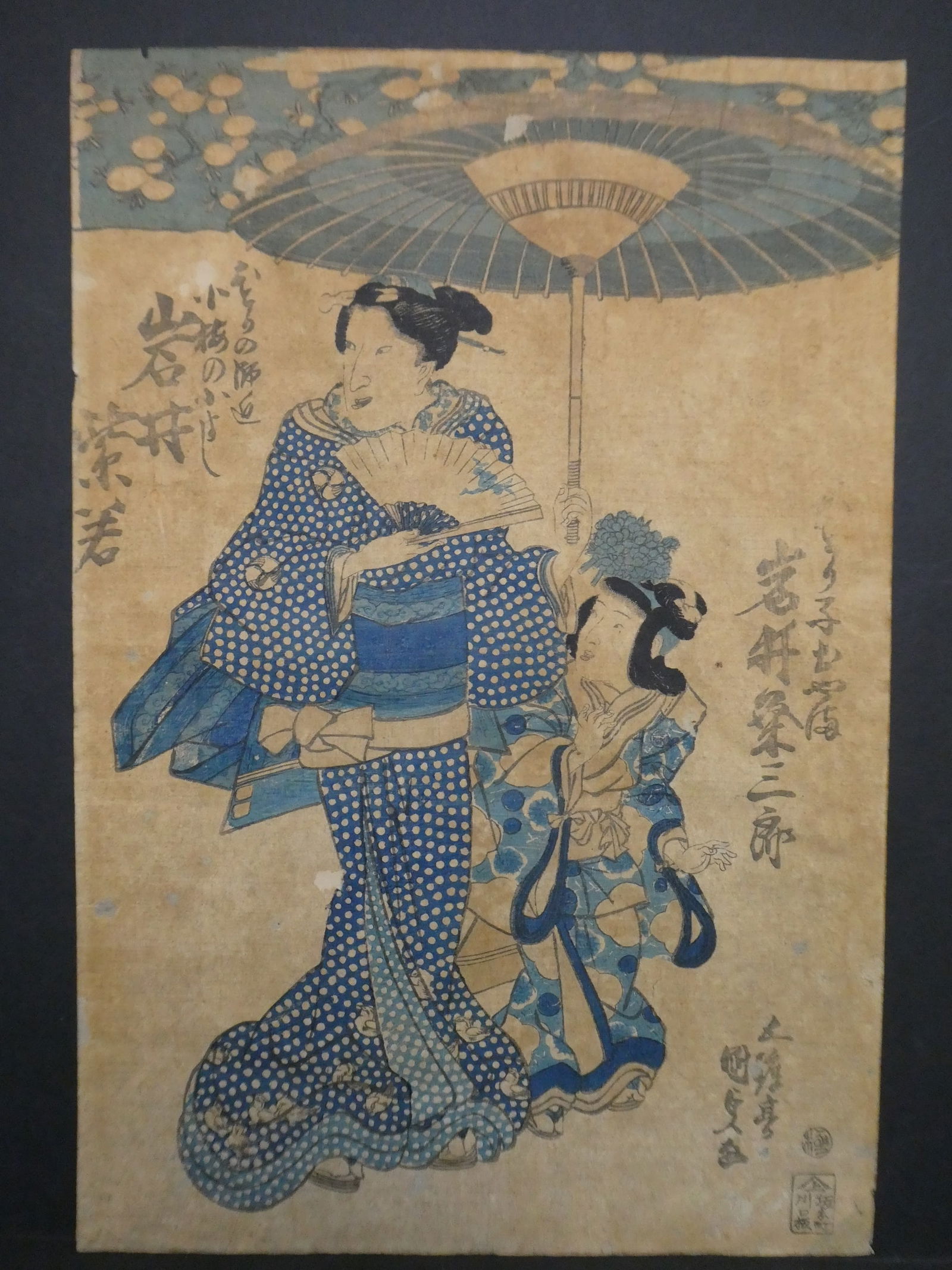 Original 19th Century Kunisada Japanese Woodblock Print Mother & Child Under Umbrella (1 of 8)