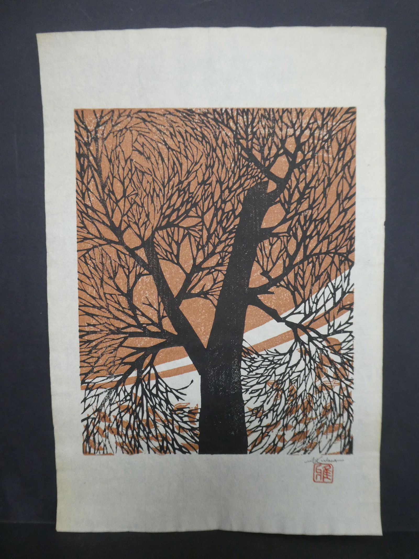 Vintage M Kuwata Japanese Woodblock Print Dark Tree (1 of 8)