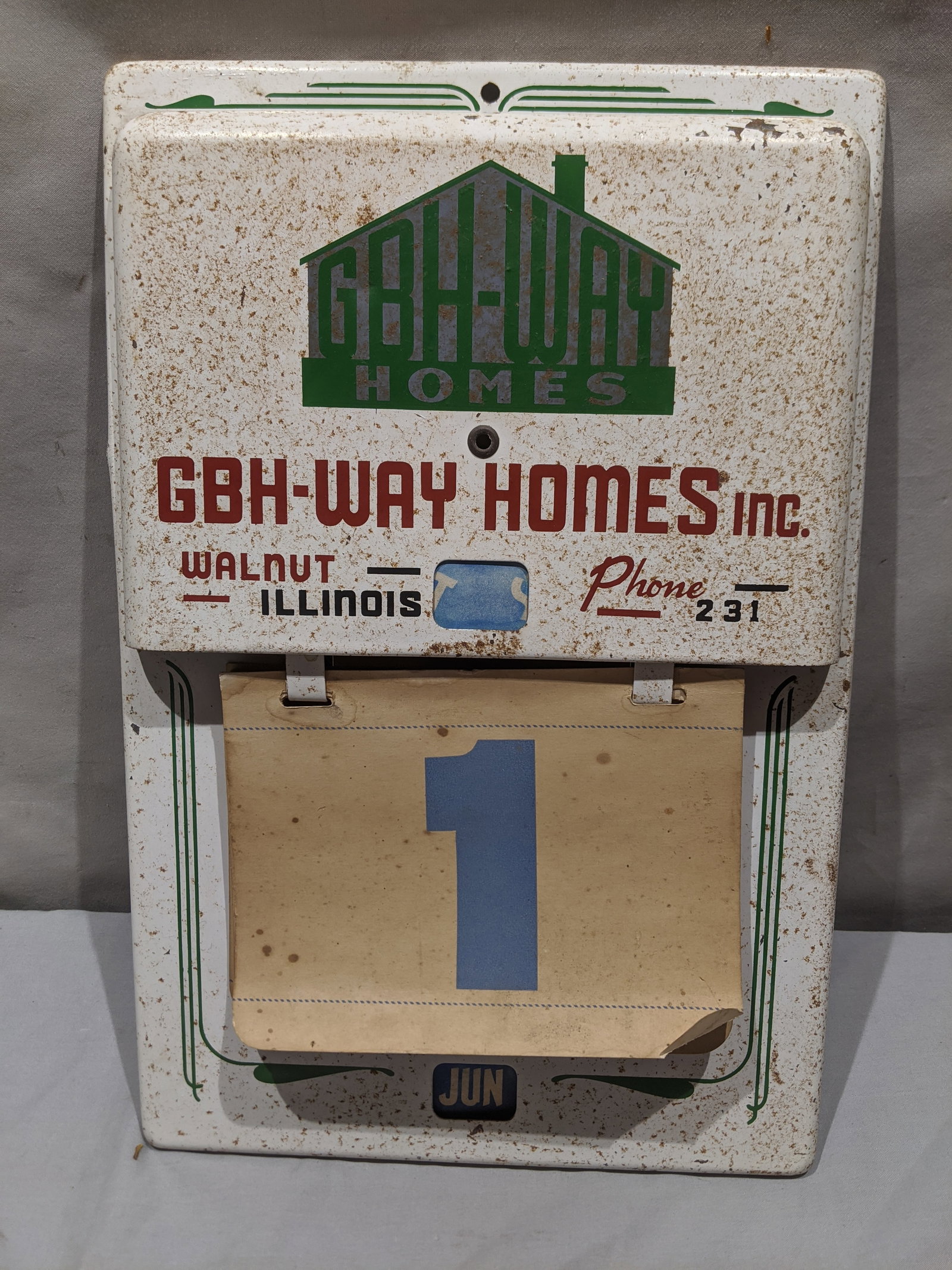 Vintage GBH-Way Homes Metal Wall Calendar Advert Sign: Vintage GBH-Way Homes Metal Wall Calendar Advert Sign. Measurements in inches: 15 x 10 Condition:Has surface rust Shipping:We offer in-house shipping. Item(s) will be packed after invoice is paid and 