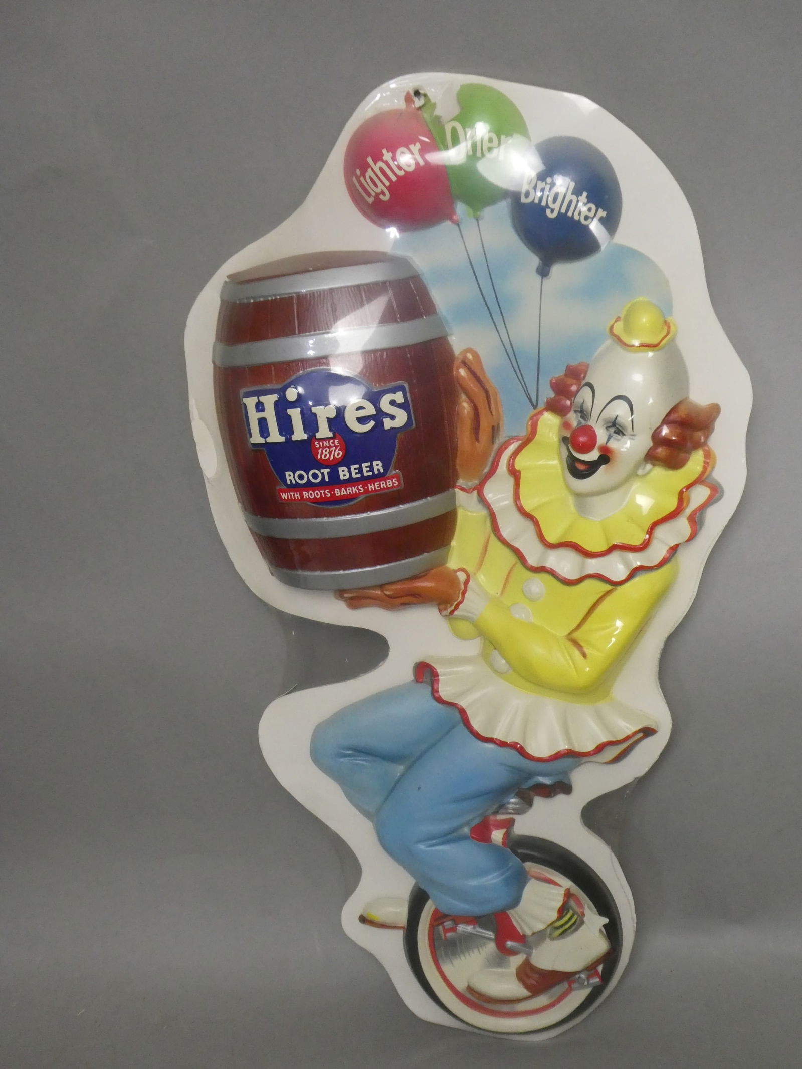 c1950's Hires Root Beer Plastic Vacuform Sign Clown Riding Unicycle (1 of 6)