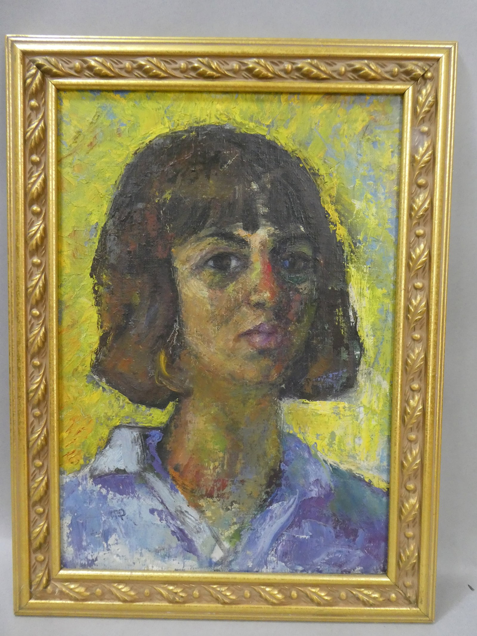 Vintage Impressionist Russian Portrait of Girl Painting: Vintage Impressionist Russian Portrait of Girl Painting on board in frame. Initial lower left MP. Measurements in inches: 17 x 23, image; 13 1/2 x 19 1/2 Condition:Good with no problems Shipping:We of