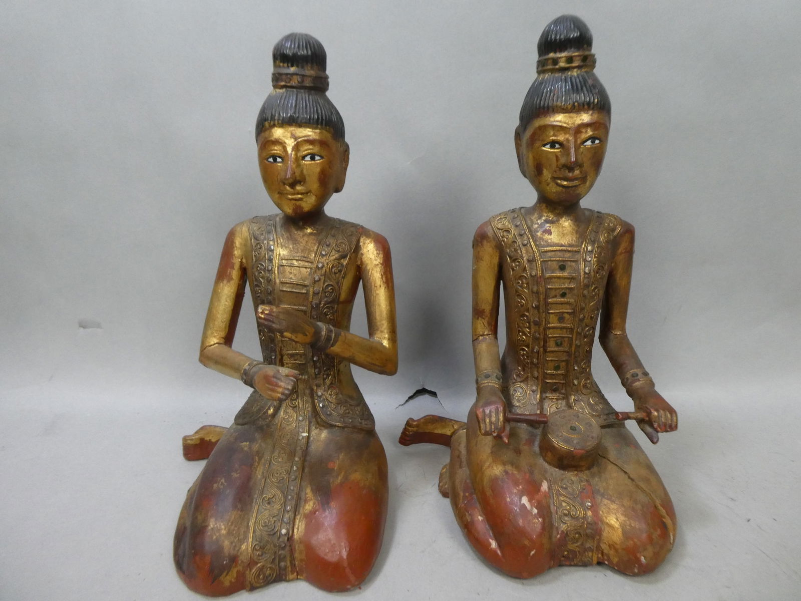 Pair Vintage Burmese Thailand Gilt Carved Wood Seated Buddha's Statues (1 of 11)