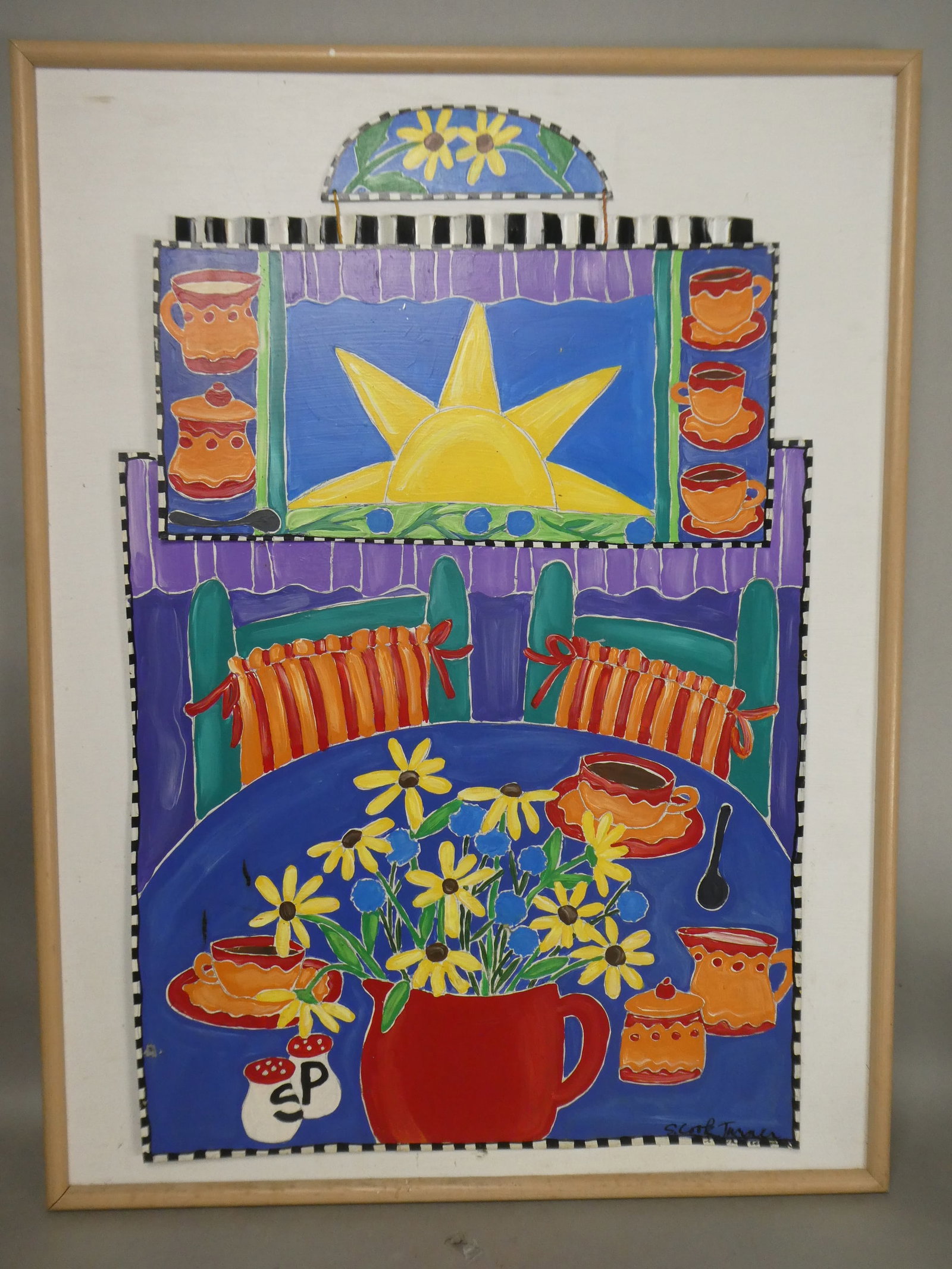 Signed S Cook Turner Folk Art Colorful Painting on Metal: Signed S Cook Turner Folk Art Colorful Painting on Metal with wood backing and frame. Signed lower right. Measurements in inches: 31 x 41, image: 37 x 24 Condition:Small chip in paint lower left Shipp