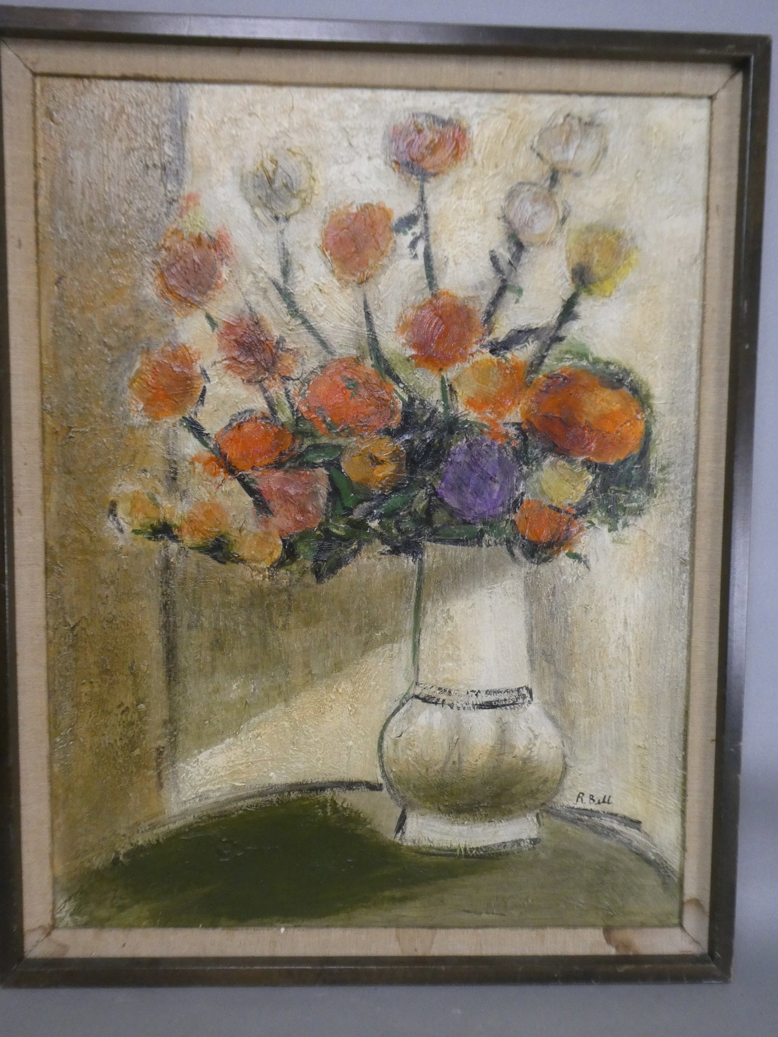 MCM Signed R Bell Floral Still-Life Oil Painting: MCM Signed R Bell Floral Still-Life Oil Painting on board in frame. Measurements in inches: 34 x 27, image: 30 x 23 Condition:Frame shows some stains and wear Shipping:We offer in-house shipping. Item