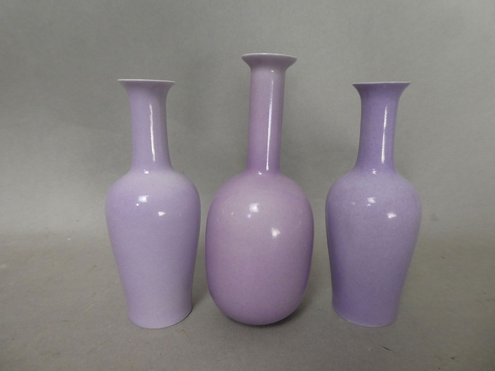 1920's Chinese Three Thinly Potted Bottle Vases Lavender Glaze (1 of 5)