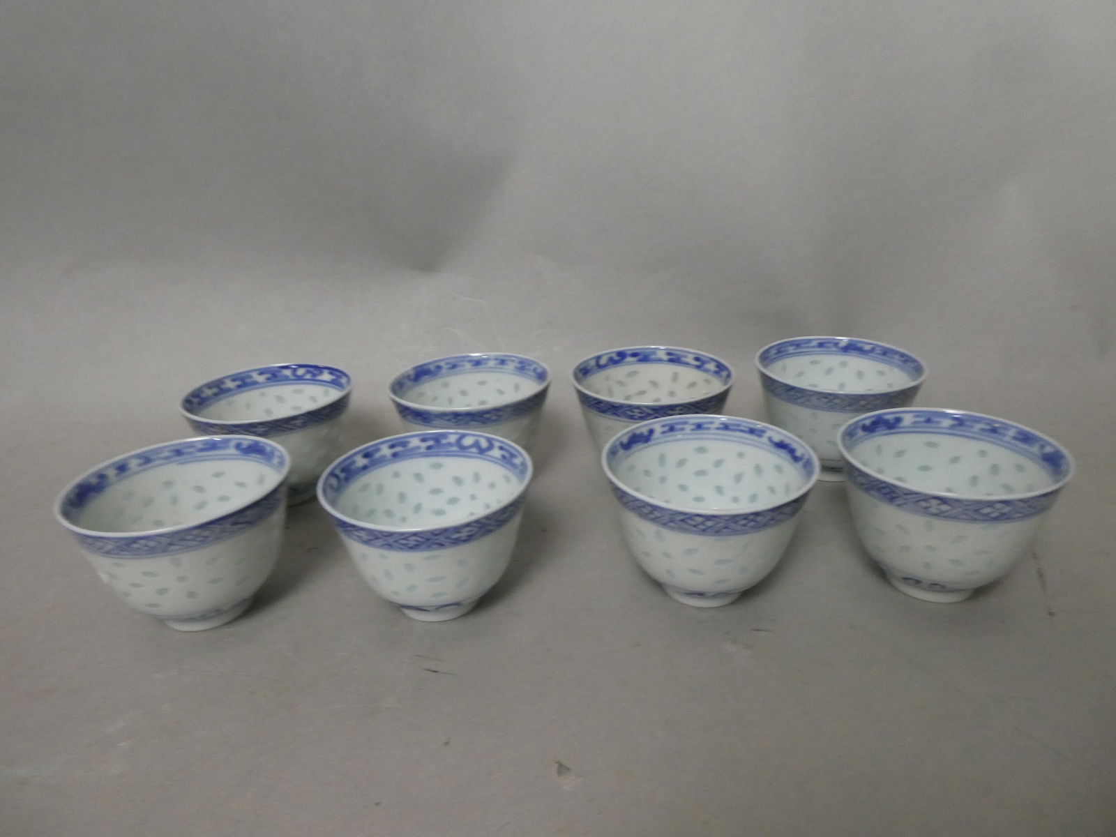 1930's Chinese Eight  Blue and White Rice Pattern Tea Cups (1 of 6)