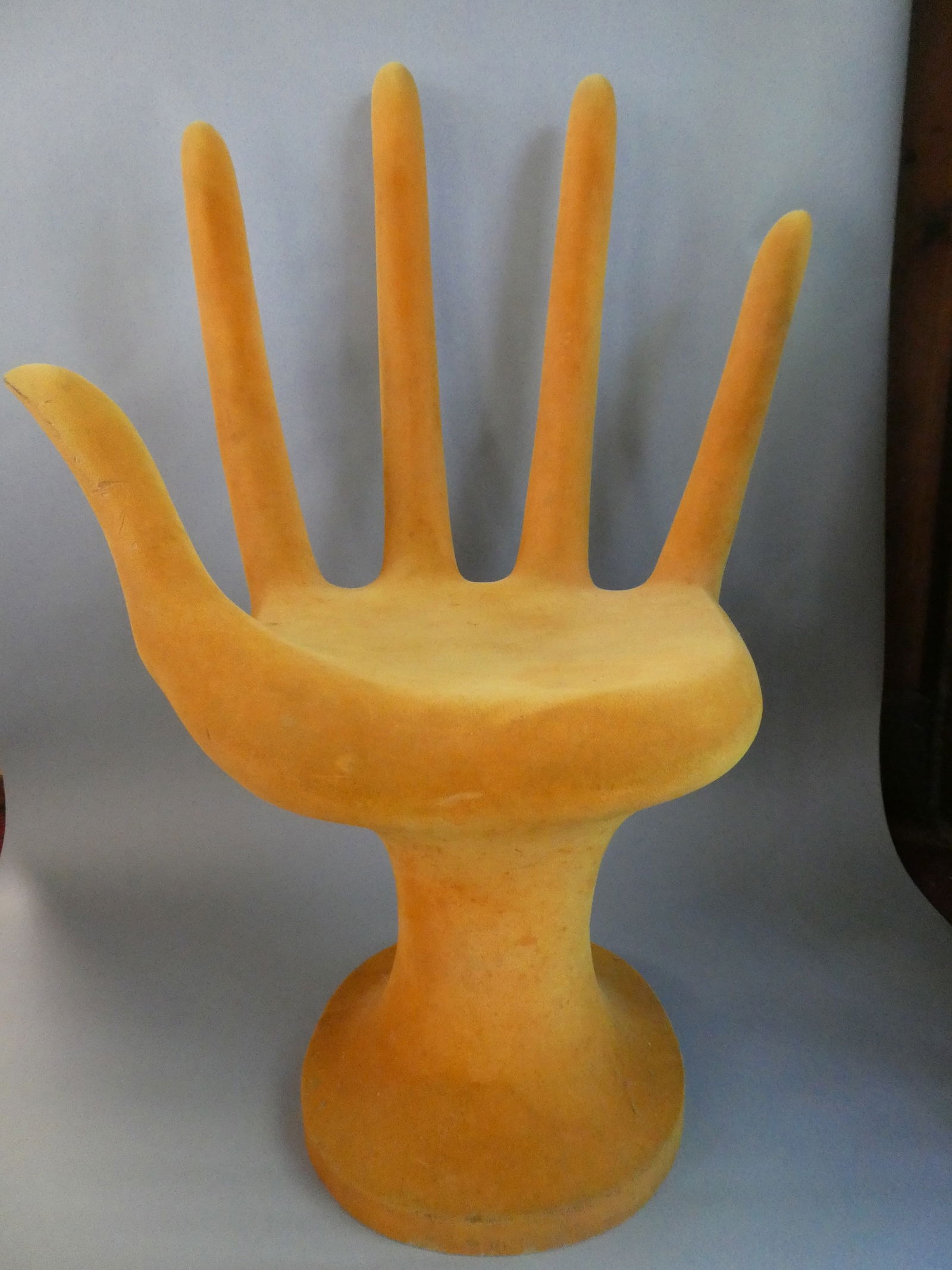 MCM Mid-Century Yellow Felt Covered Fiberglass Italian Hand Chair Pedro Friedeberg Style: MCM Mid-Century Yellow Felt Covered Fiberglass Italian Hand Chair. Measurements in inches: 42 high x 35 x 22 Condition:Felt has wear and soiling Shipping:We offer in-house shipping. Item(s) will be pa