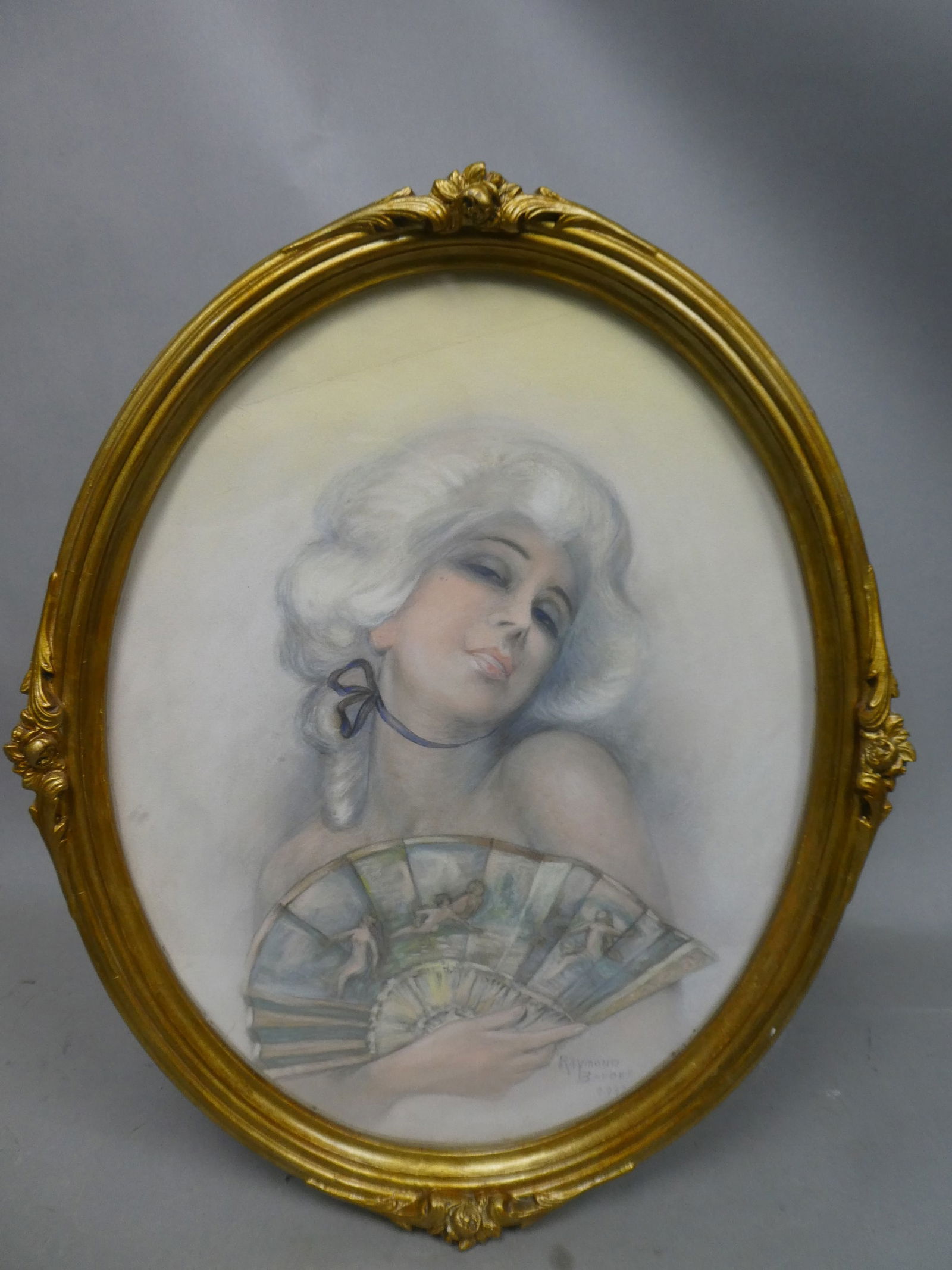 1937 Signed Raymond Baudet Pastel Beauty w/ Fan Oval Painting (1 of 12)