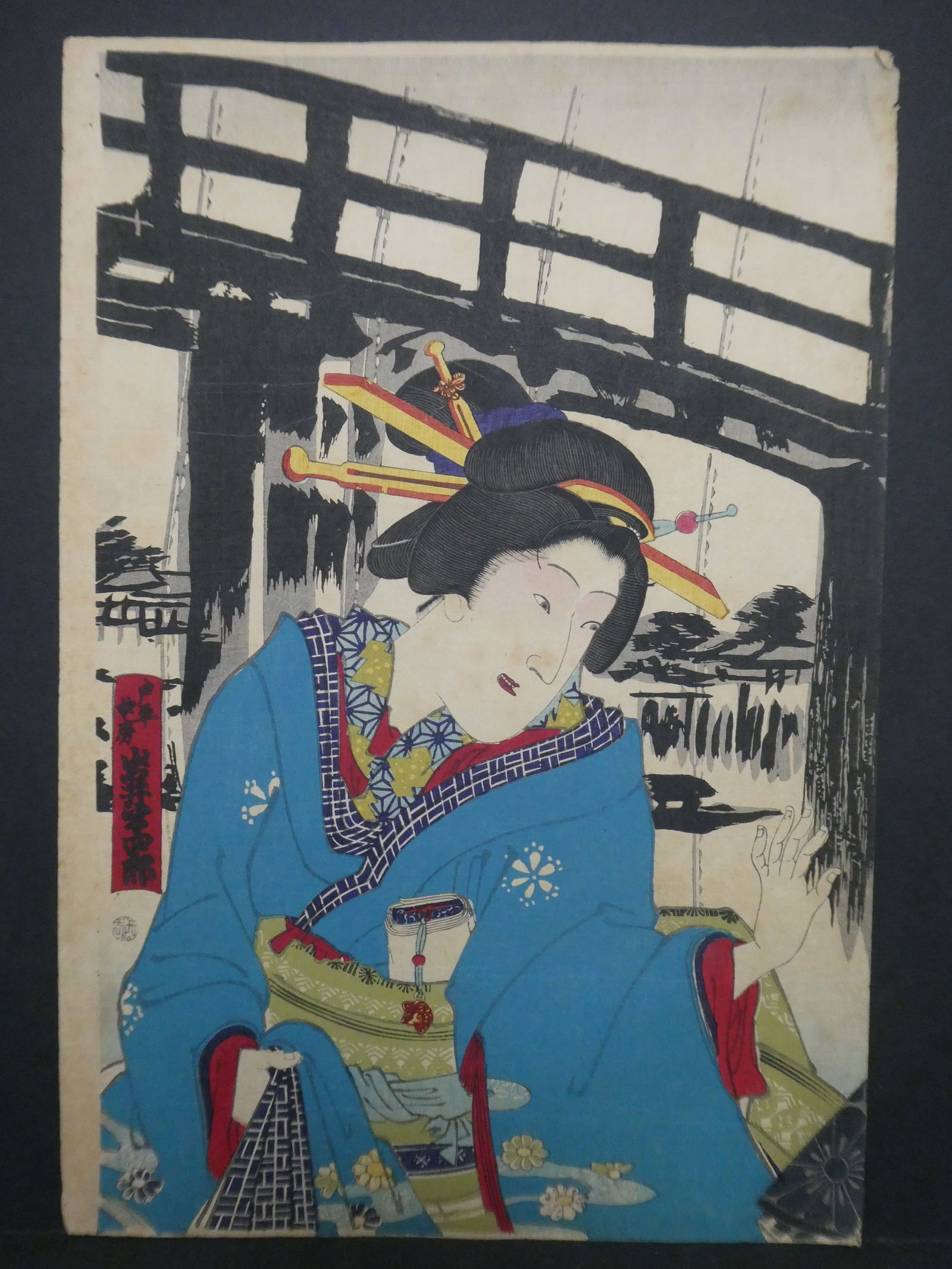 Original 19th Century Unsigned Japanese Woodblock Print Woman by Bridge (1 of 8)