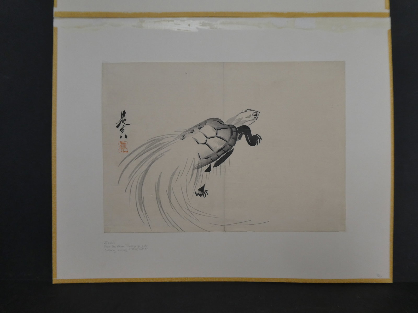Vintage Bookplate Zeshin Japanese Woodblock Print Turtle: Vintage Bookplate Zeshin Japanese Woodblock Print Turtle. 1/18/963 Lot 47 at Sotheby's auction house From the Album Tsuiryu-ya Unframed with matting. Measurements in inches: 14 x 10 Condition:Tipped o