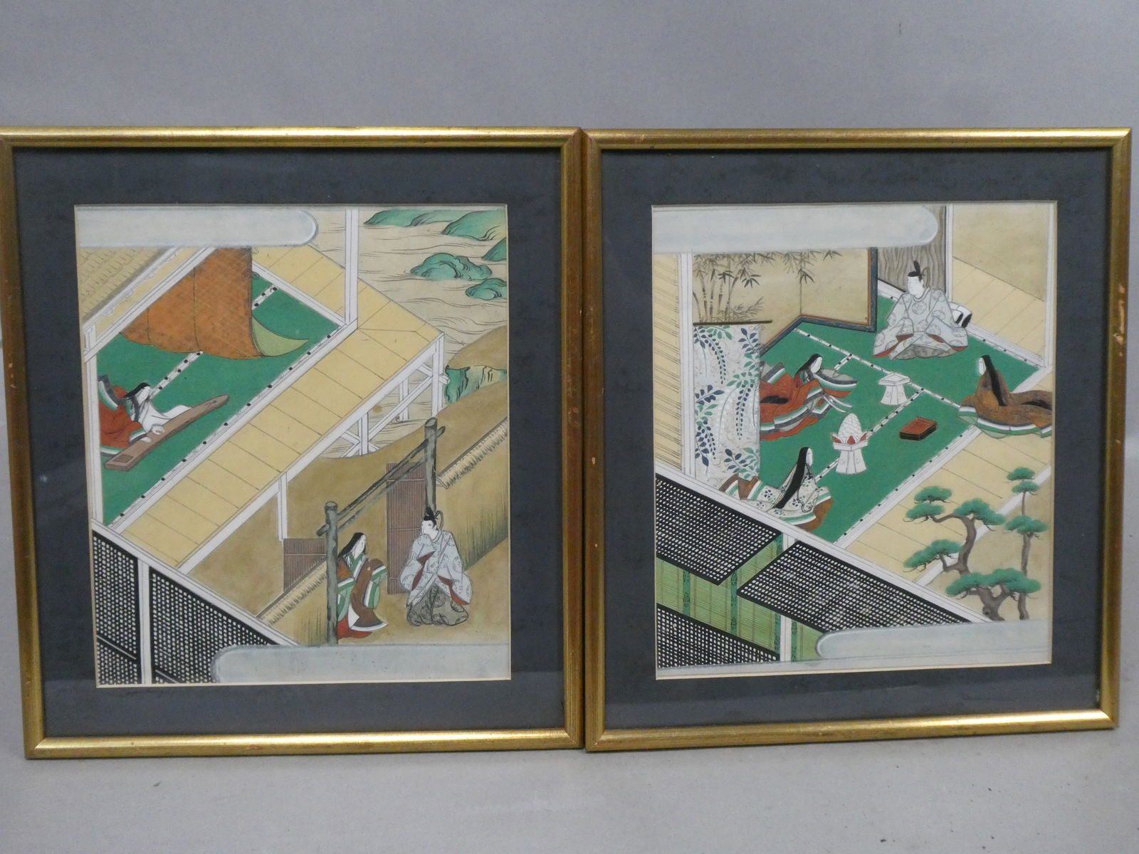 Pair Original 19th Century Unsigned Japanese Paintings Interior Scenes (1 of 17)