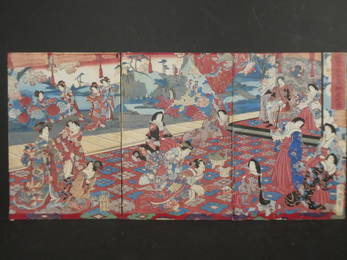 Original 19th Century Toyohara Chikanobu Japanese Woodblock Print Imperial View of Garden of Temp...