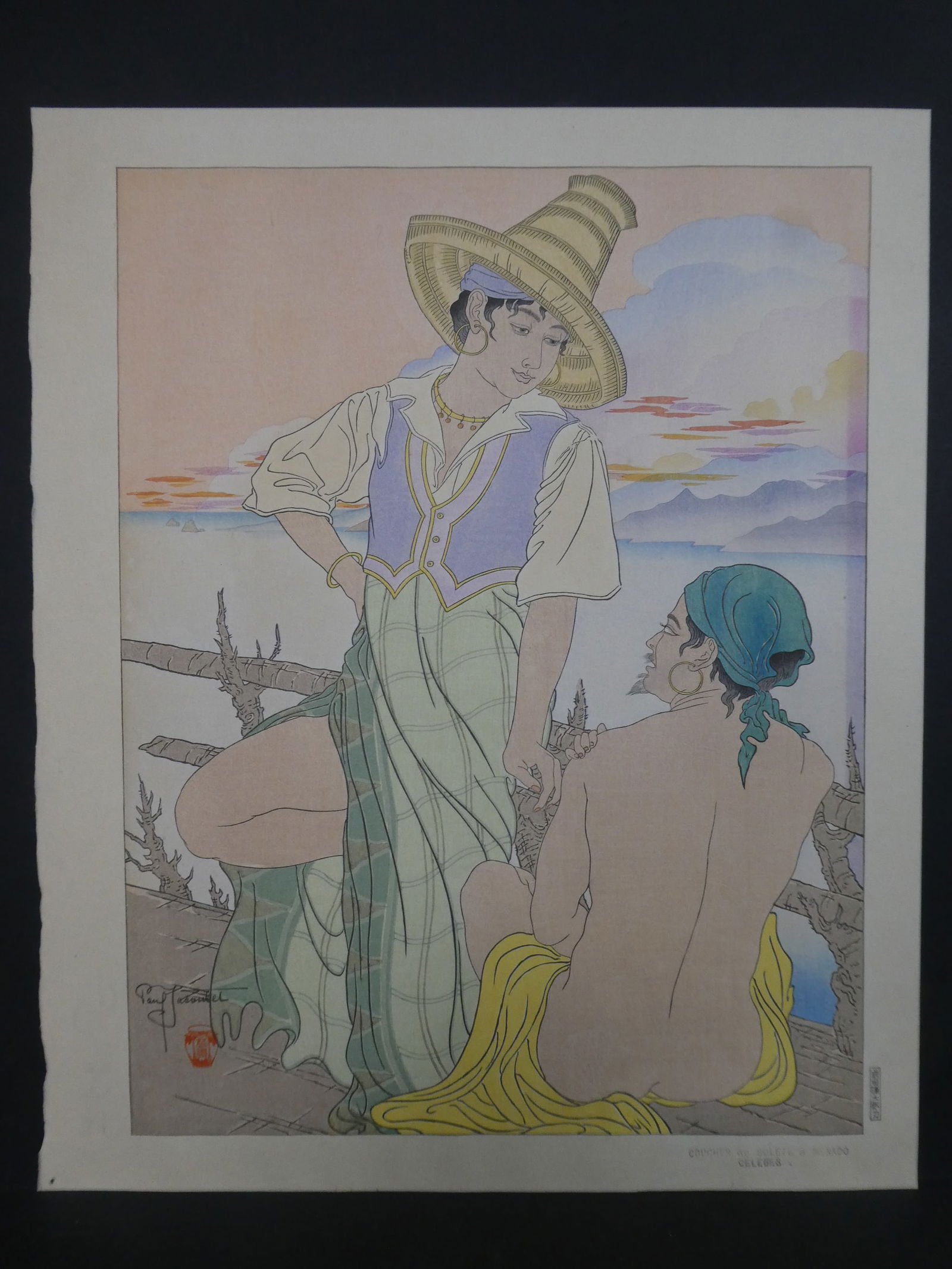 1938 Paul Jacoulet Japanese Woodblock Print Coucher de Soleil a Menado Celebes: 1938 Paul Jacoulet Japanese Woodblock Print Coucher de Soleil a Menado Celebes. Kanji Edition of 150 Unframed.. Measurements in inches: 17 1/2 x 14 Condition:Has trimming, residue on top edge Shipping