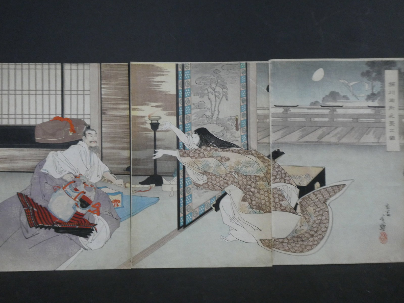 Original 19th Century Mizuno Toshikata Japanese Woodblock Print Night Meeting at Horikawa Palace: Original 19th Century Mizuno Toshikata Japanese Woodblock Print Night Meeting at Horikawa Palace. Triptych Unframed.. Measurements in inches: 14 x 28 Condition:Has small voids and tears Shipping:We of