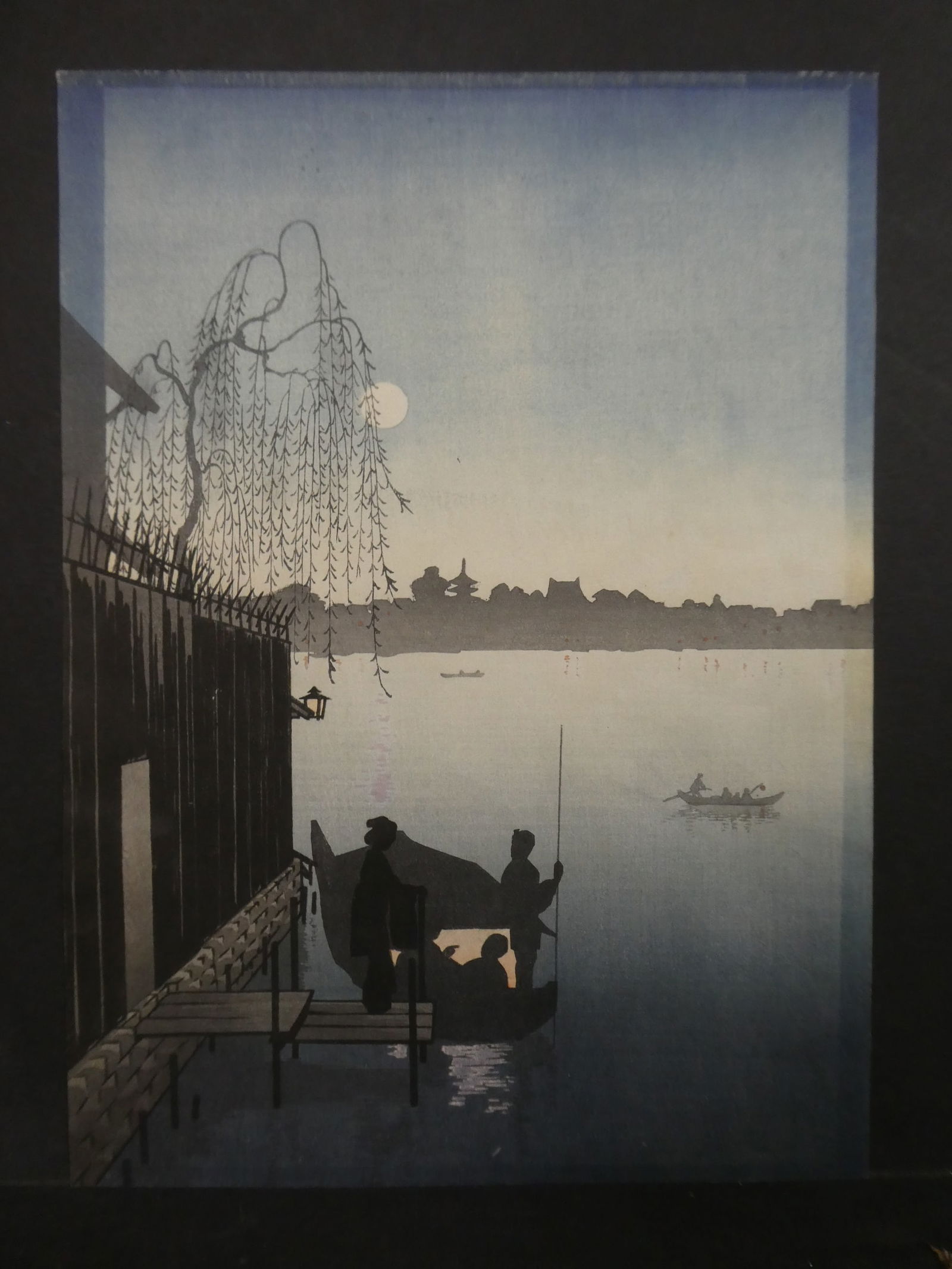 Vintage Kobayashi Eijiro Japanese Woodblock Print Moonlight Boat Ride (1 of 8)