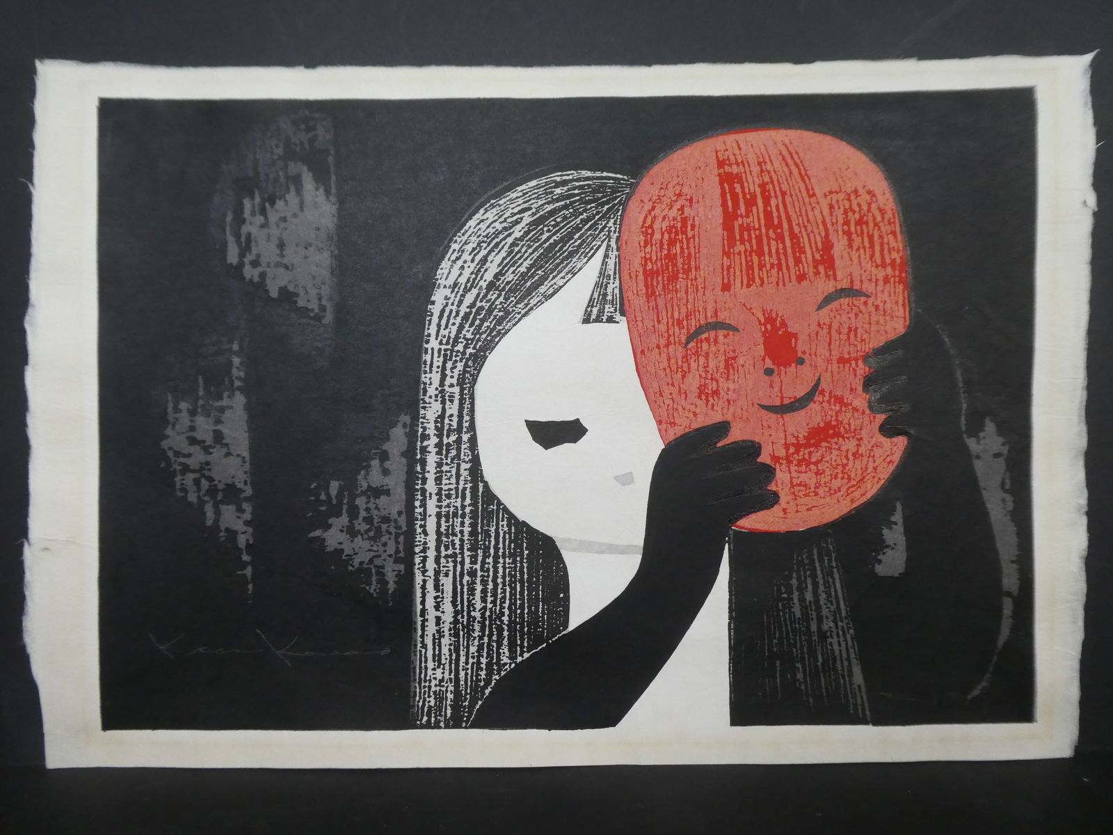 c1960 Kaoru Kawano Japanese Woodblock Print Young Girl with Mask: c1960 Kaoru Kawano Japanese Woodblock Print Young Girl with Mask. Unframed.. Measurements in inches: 17 x 11 1/4 Condition:has matt burn and toning Shipping:We offer in-house shipping. Item(s) will be