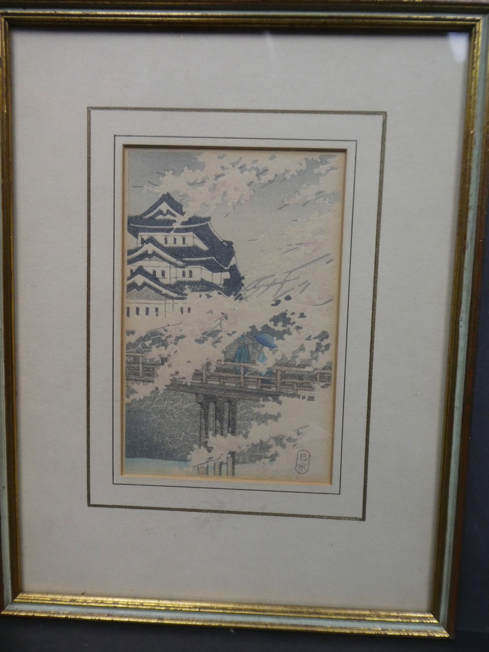 c1930's Kawase Hasui Japanese Woodblock Print Cherry Blossoms at Himeji Castle: 1930's Kawase Hasui Japanese Woodblock Print Cherry Blossoms at Himeji Castle. Framed under glass. Measurements in inches: 10 3/4 x 8 1/2, image: 6 x 4 Condition:Has toning Shipping:We offer in-house 