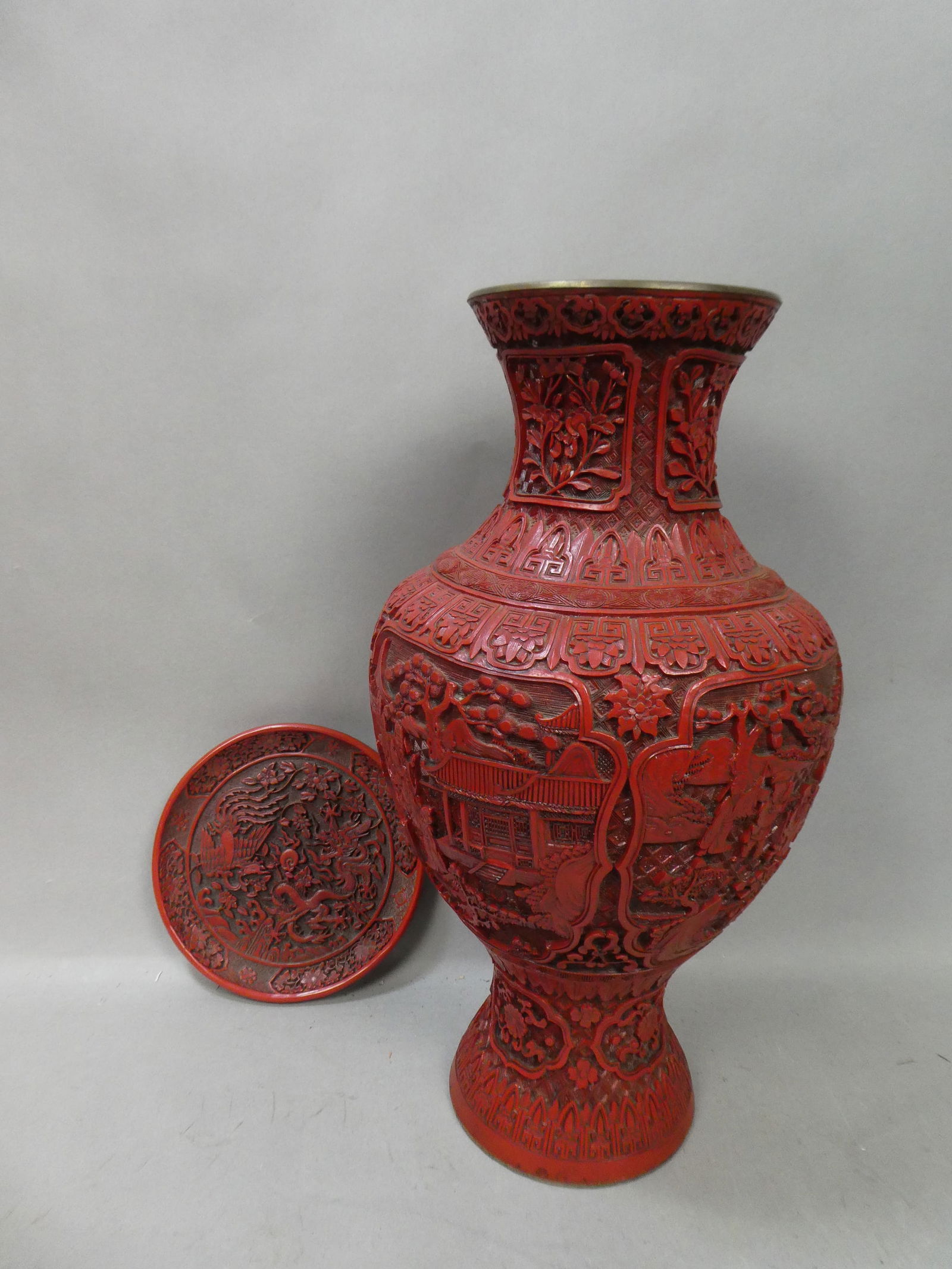 Vintage Chinese Cinnabar Style Signed plate & Large Vase (1 of 9)