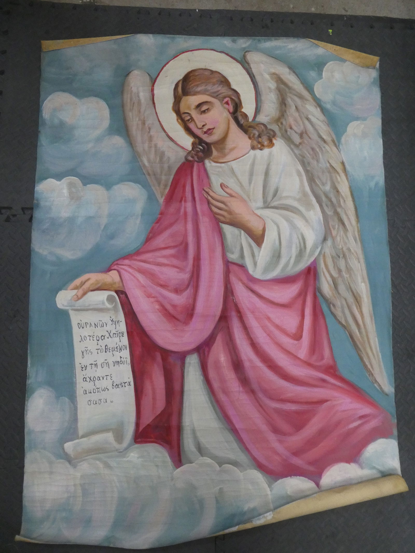 c1950's Unsigned Large Angel w/ Scroll Christian Religious Oil Painting (1 of 10)